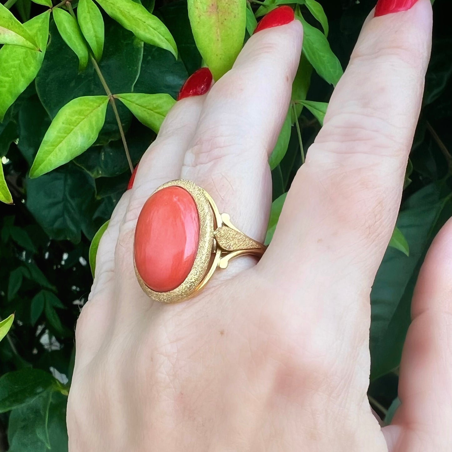 Prächtiger 18K Gelbgoldring mit großem Korallencabochon