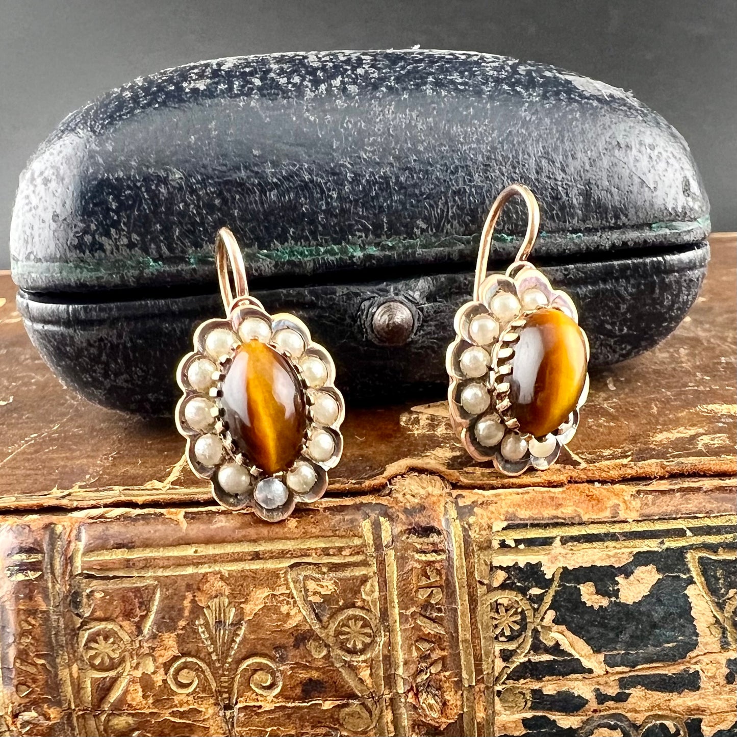 Antique gold earrings with tiger's eye and pearls