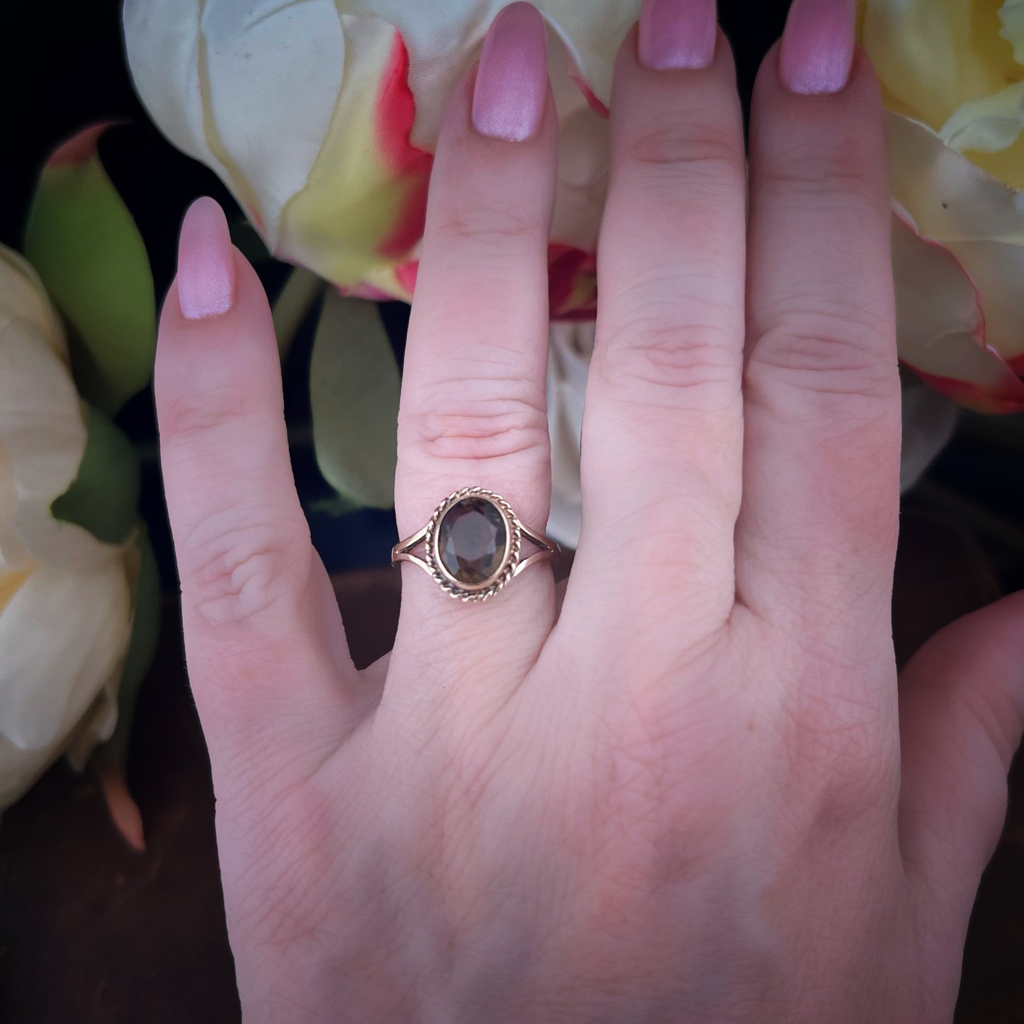 Vintage Gelbgoldring mit Rauchquarz