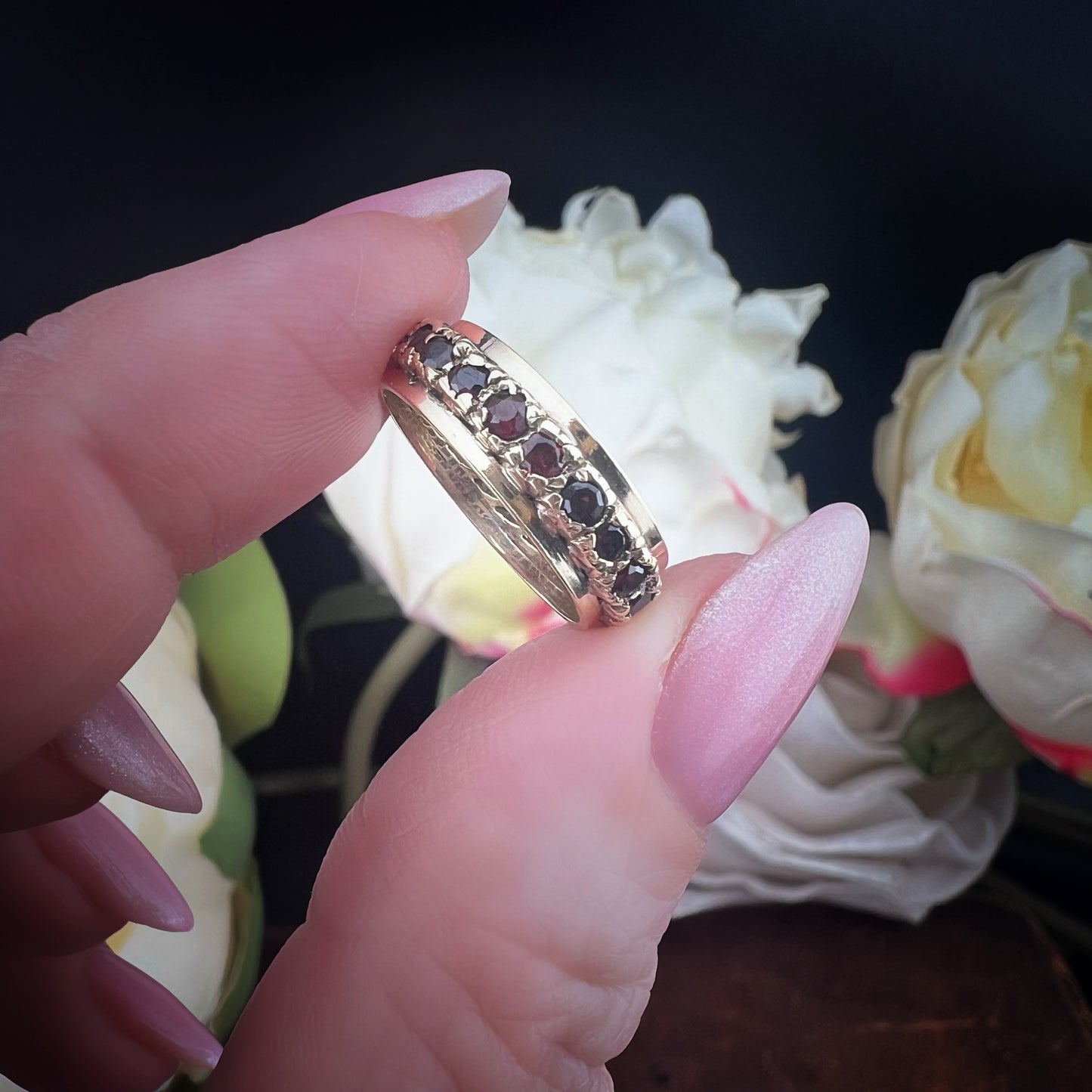 Vintage Gold Eternity Ring with Garnets