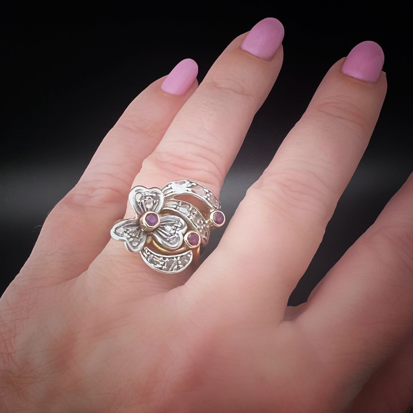 18K gold, silver, diamond, and ruby ring