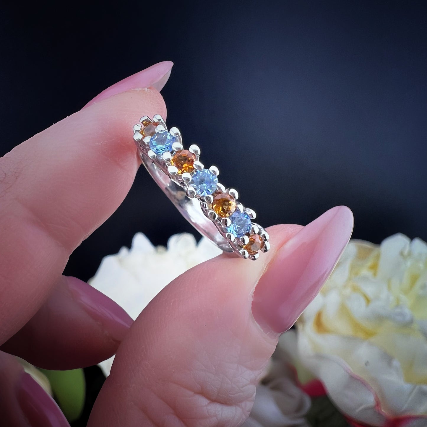 Vintage 18K Weißgold Ring mit blauem Topas und Madeira Citrin Quarz