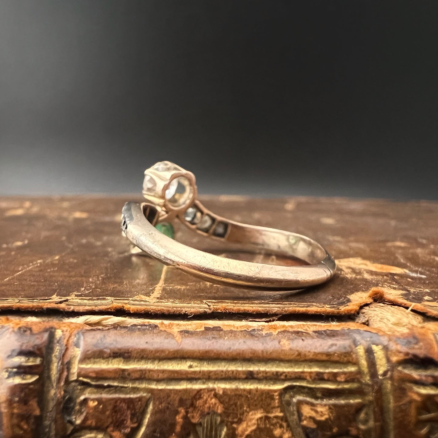 Toi et moi ring with 0.33 ct old mine diamond and emerald in 14 ct gold