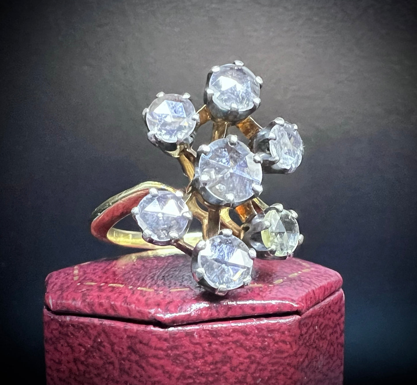 Antique 18K Yellow Gold and Silver Ring with Rose-Cut Diamonds