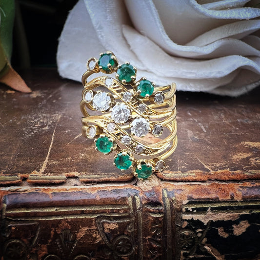 Anello Harem Vintage in Oro Giallo 18 Carati con Smeraldi e Diamanti