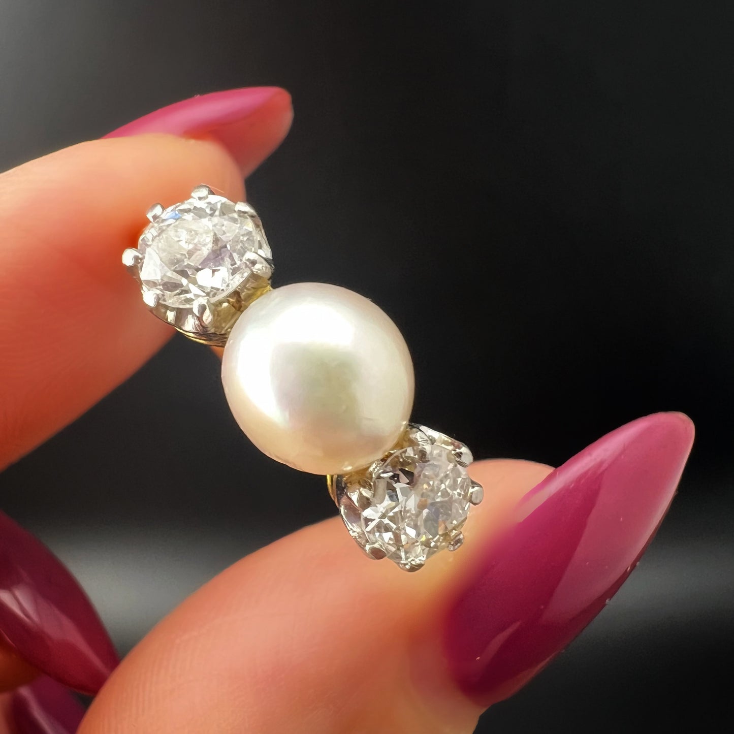 22ct gold ring with natural pearl and 1ct old mine diamonds