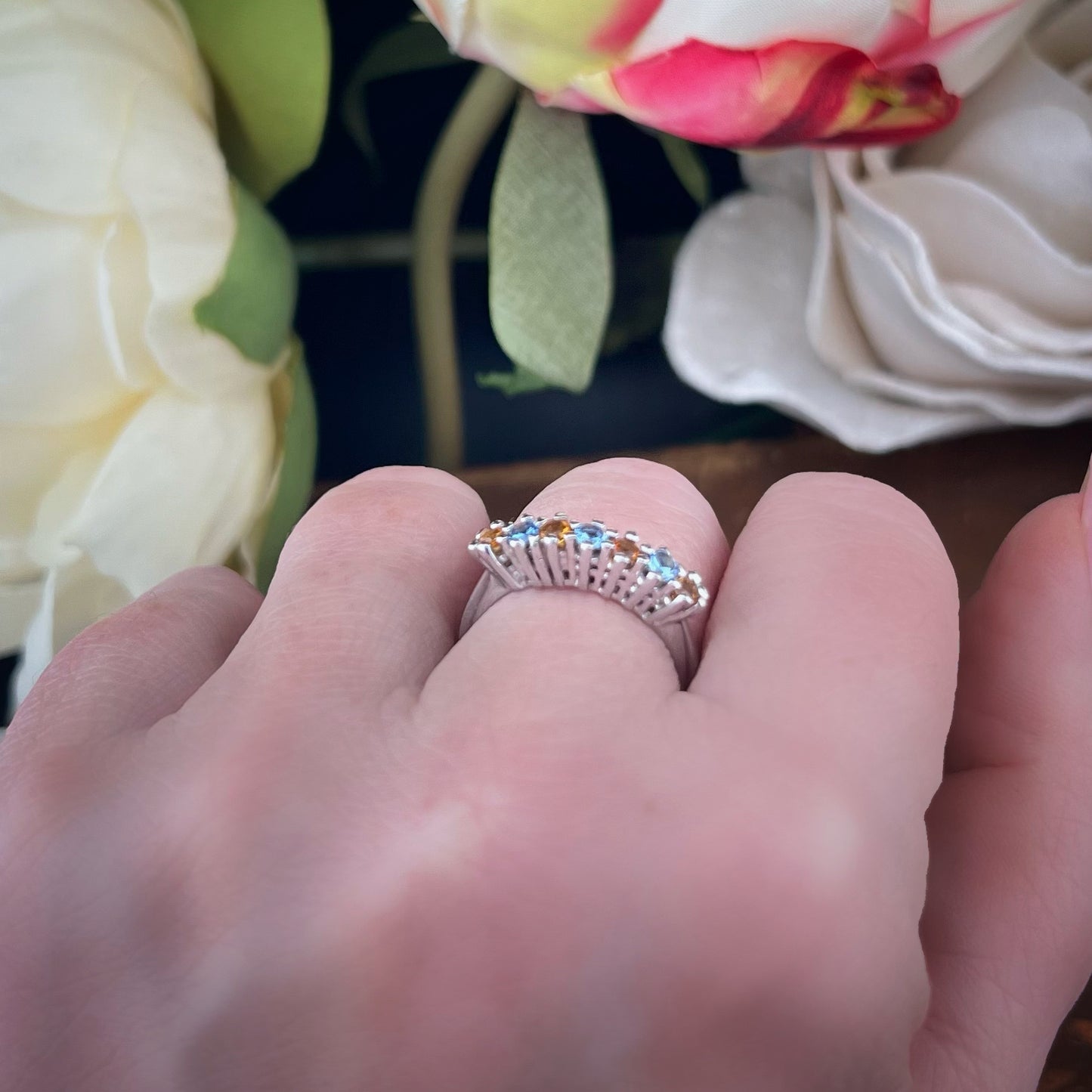 Vintage 18K Weißgold Ring mit blauem Topas und Madeira Citrin Quarz