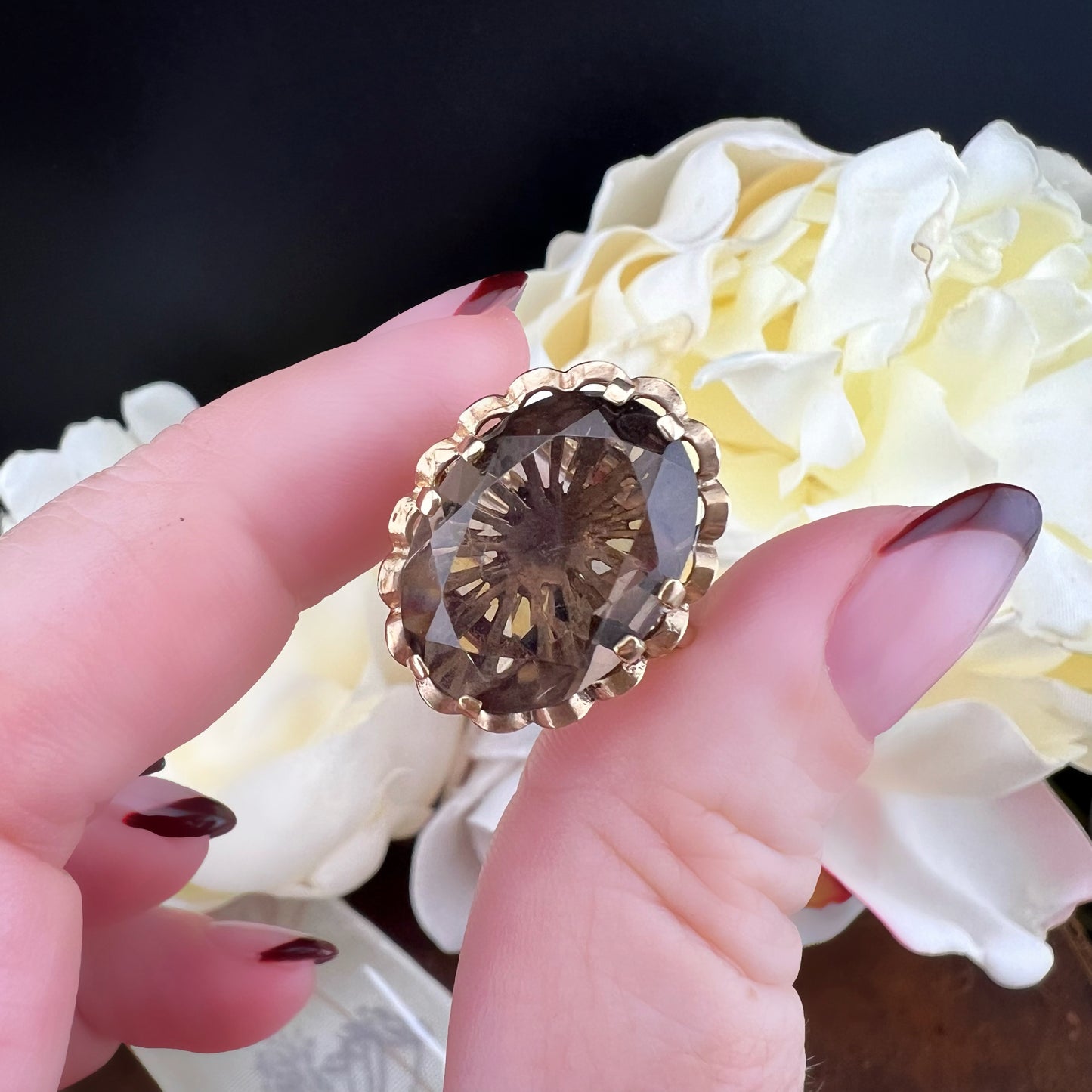 Anello vintage cocktail con quarzo caffè – Birmingham 1977