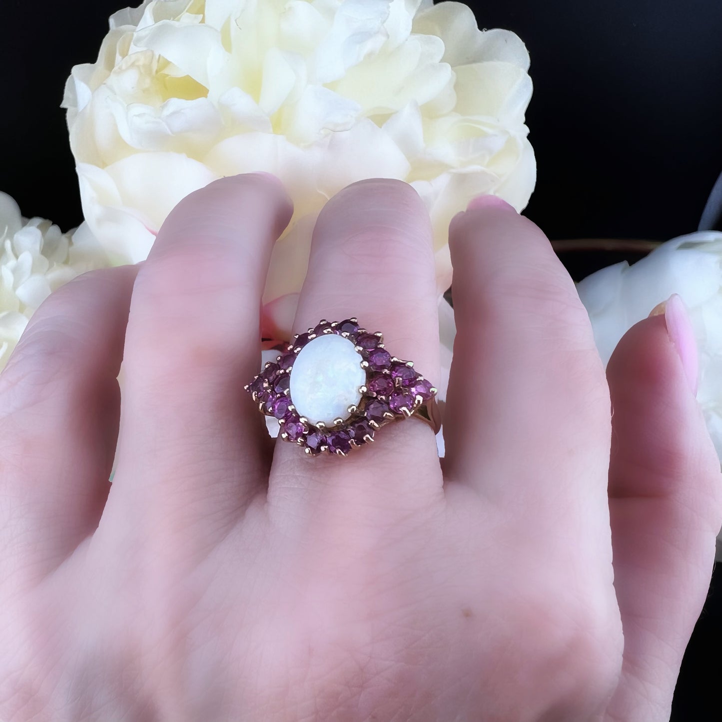 Anello vintage in oro giallo 9 ct con opale e rubini – Birmingham, 1989