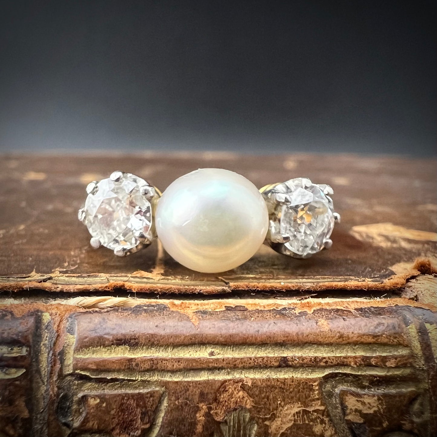 22ct gold ring with natural pearl and 1ct old mine diamonds