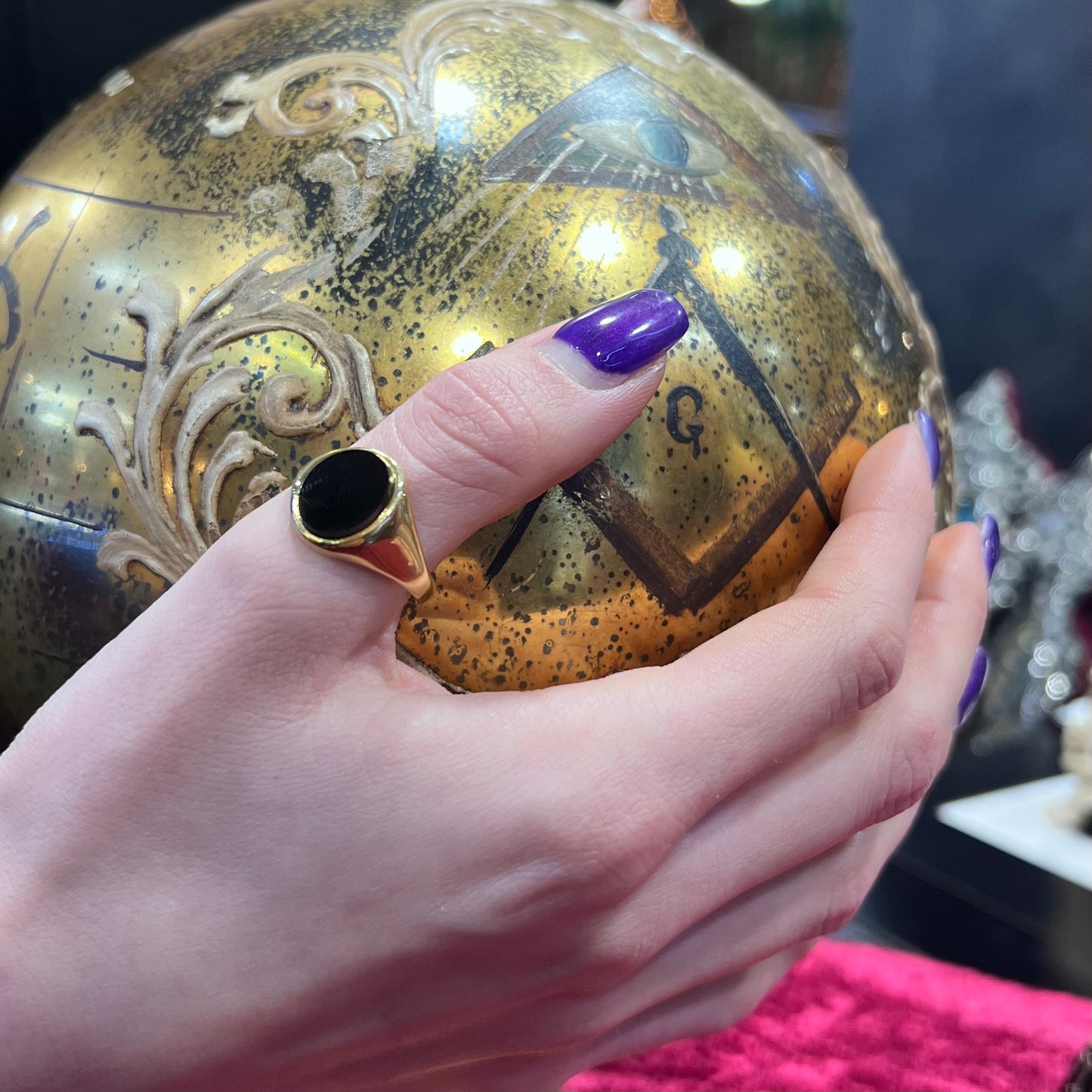 Anello vintage in oro 9 ct. e onice da uomo Londra 1964