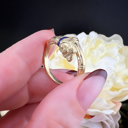 Anello vintage  “animalier” in oro 18 k e smalto blu