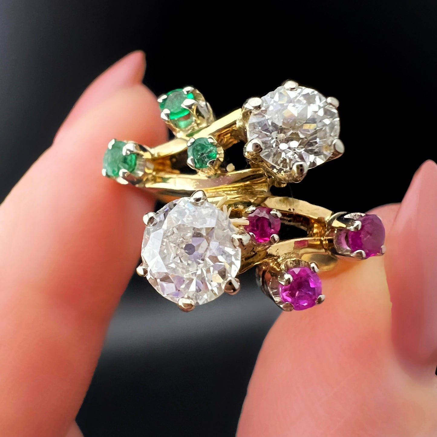 18K white, red, and green diamond, ruby, and emerald ring