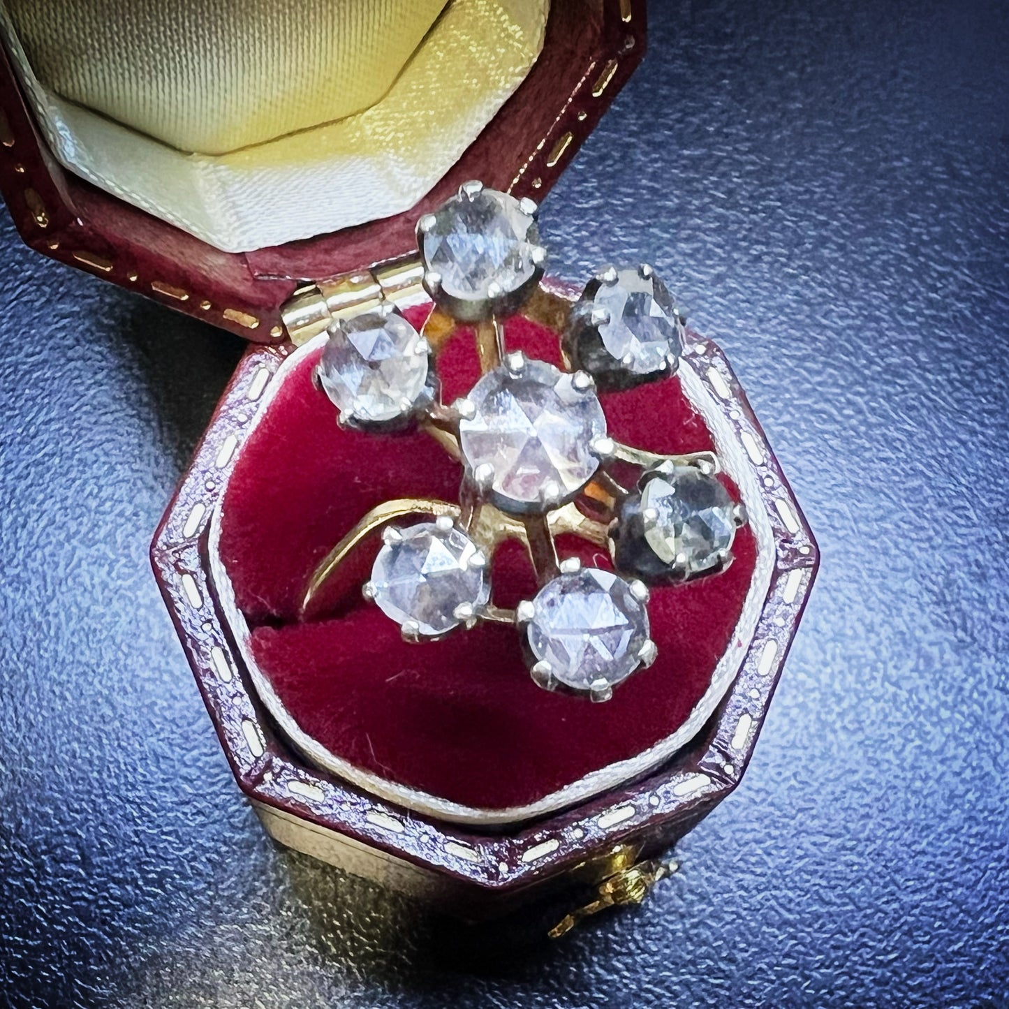 Antique 18K Yellow Gold and Silver Ring with Rose-Cut Diamonds