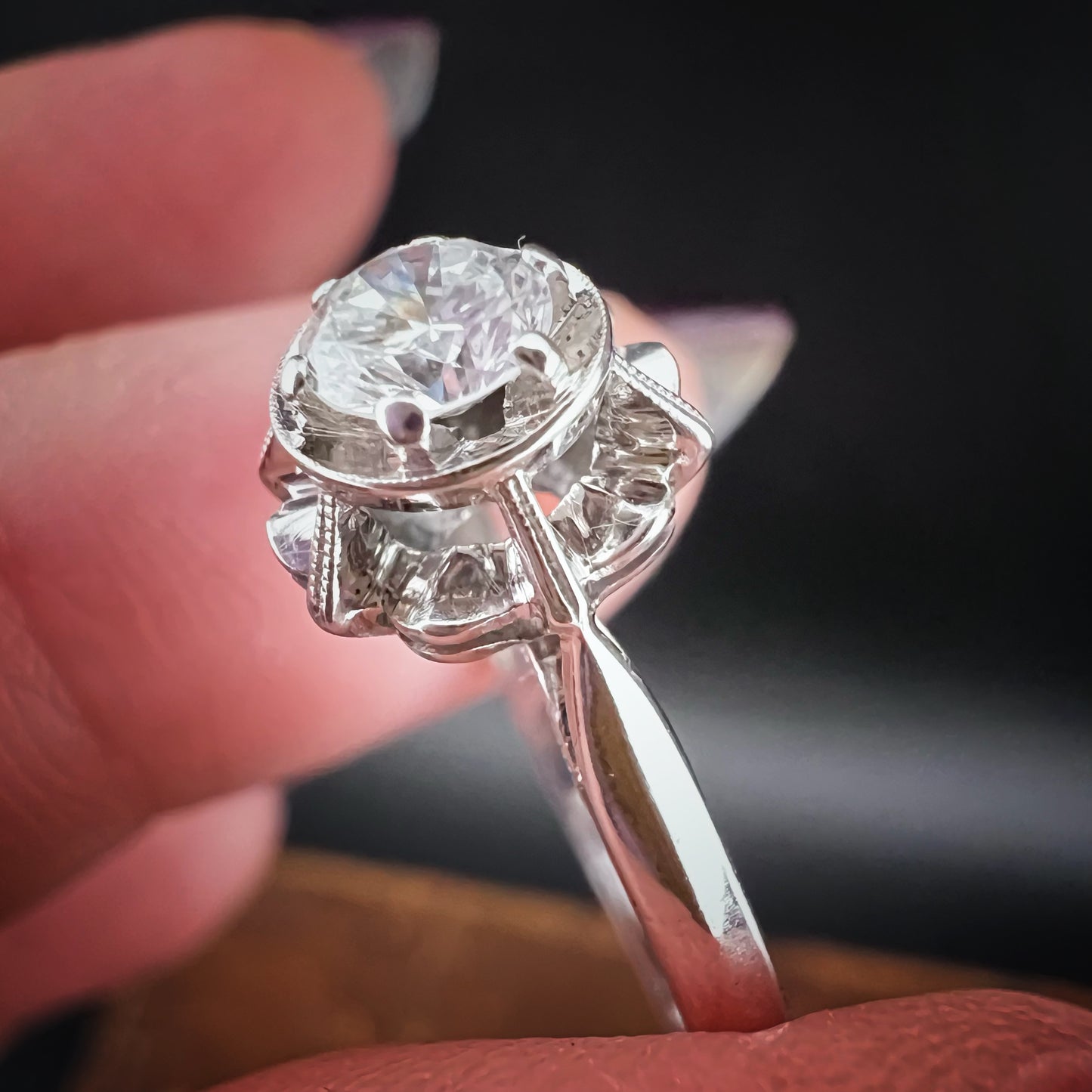 1940s White Gold Ring with Old European Cut Diamond