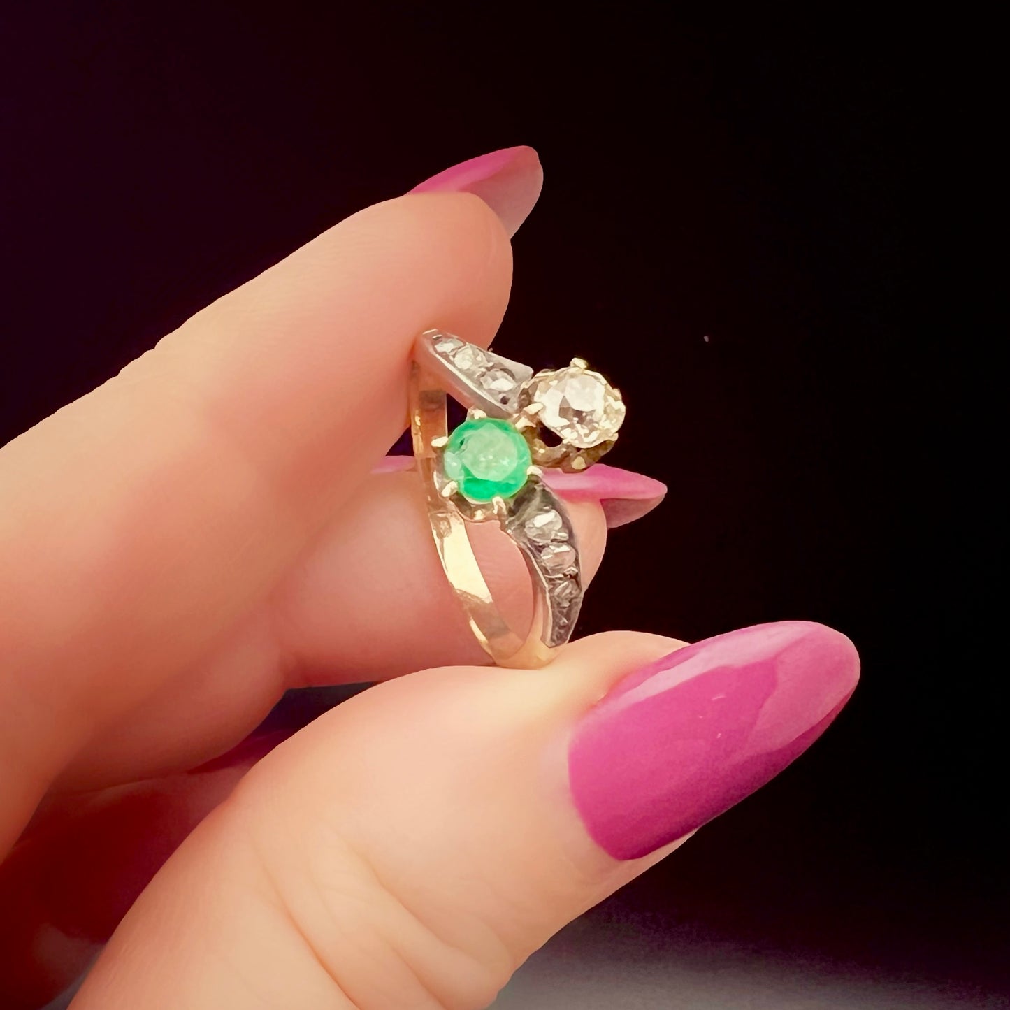 Toi et moi ring with 0.33 ct old mine diamond and emerald in 14 ct gold