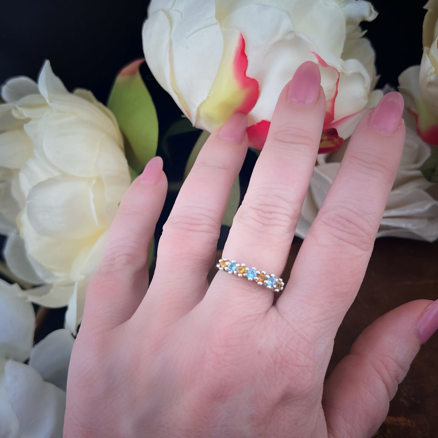 Vintage 18K Weißgold Ring mit blauem Topas und Madeira Citrin Quarz