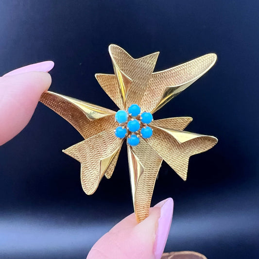 Spilla vintage in oro 18 ct con turchesi – Anni ‘40/‘50