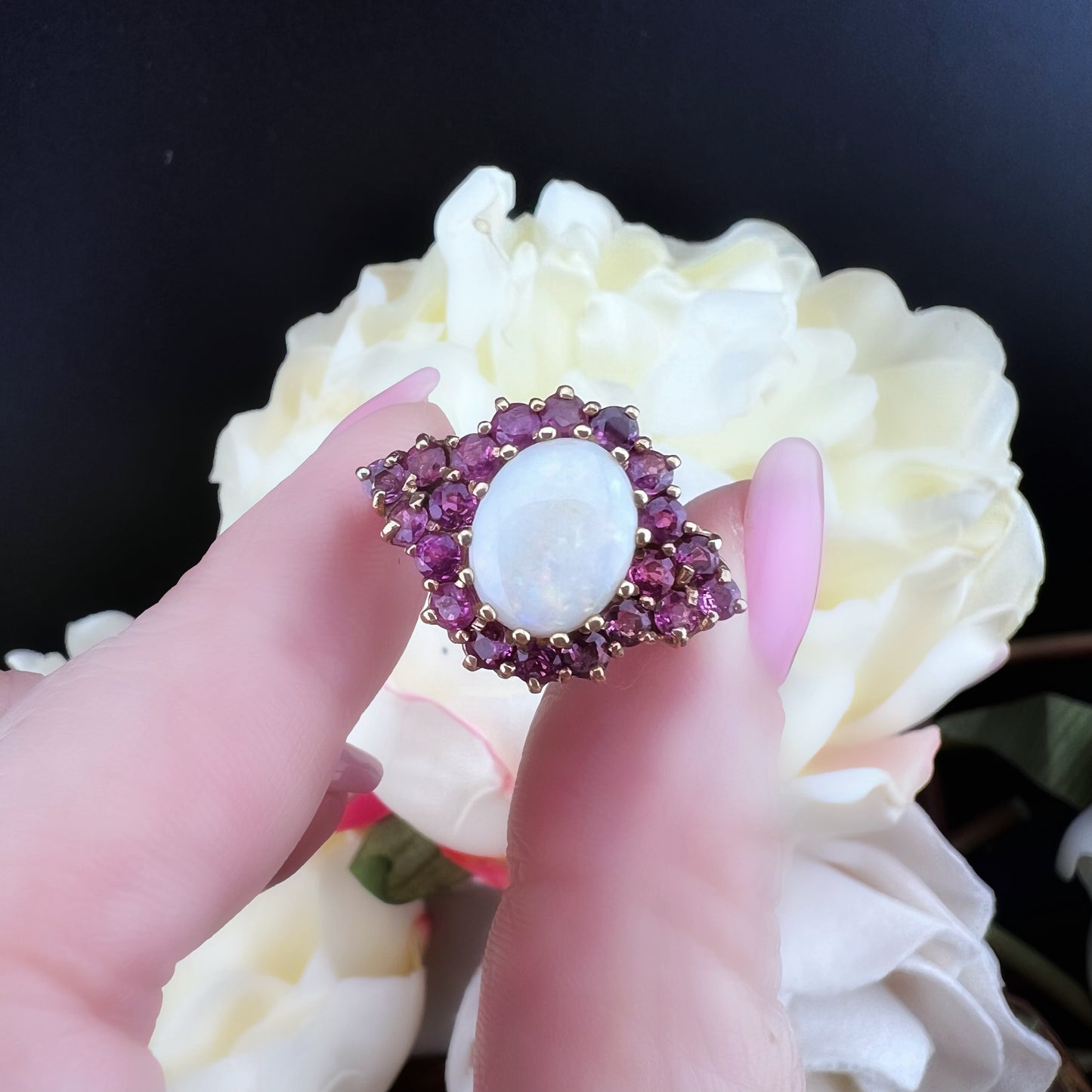 Anello vintage in oro giallo 9 ct con opale e rubini – Birmingham, 1989