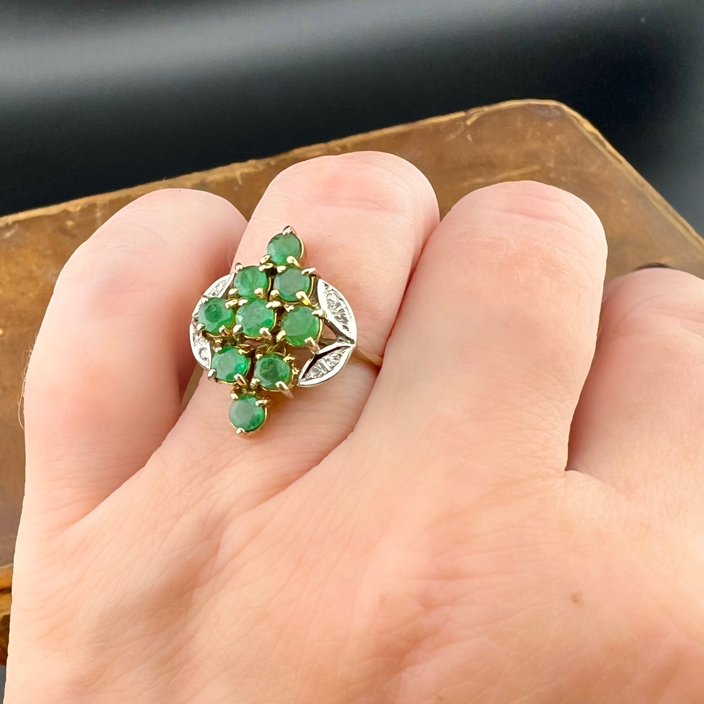 14K gold emerald and diamond ring