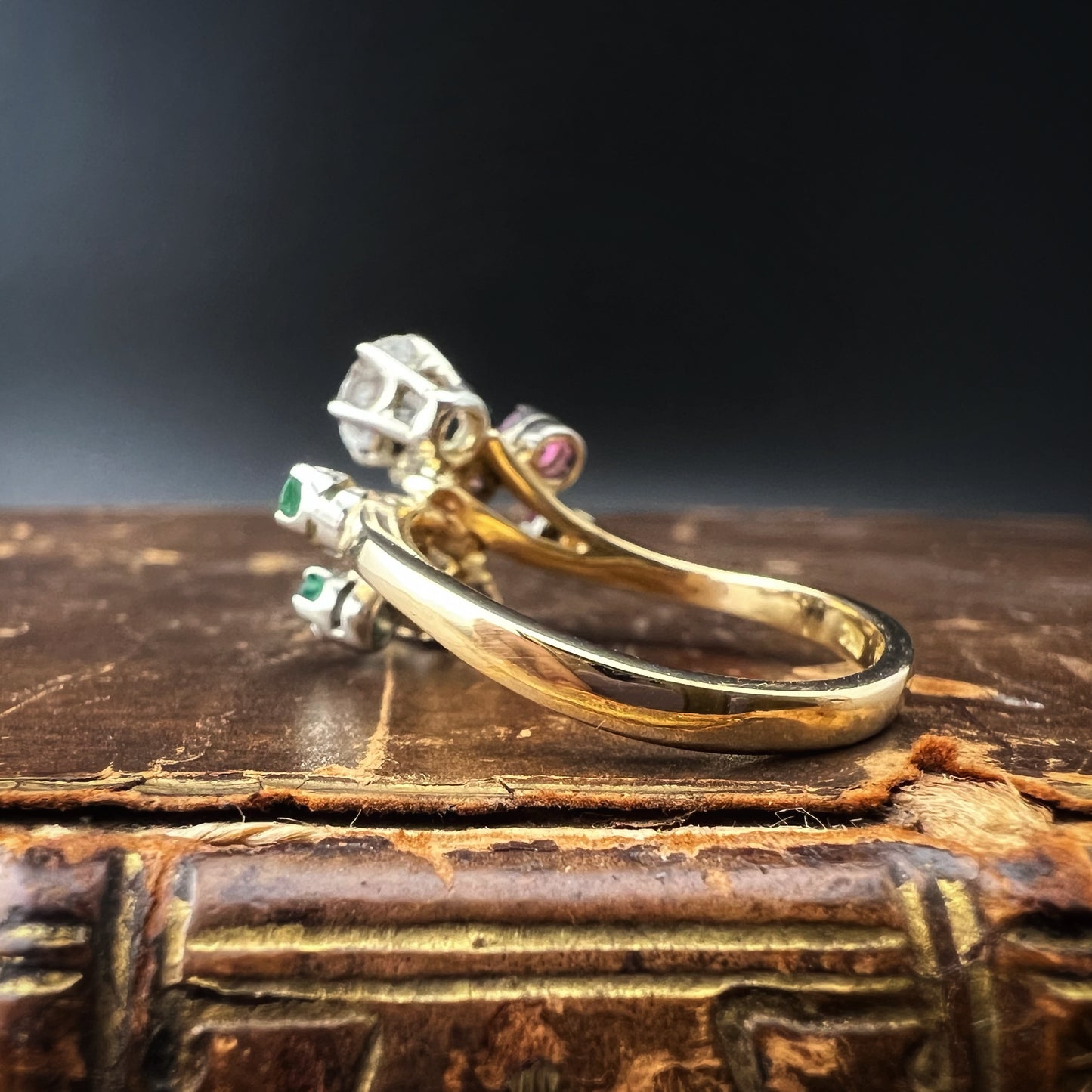 18K white, red, and green diamond, ruby, and emerald ring