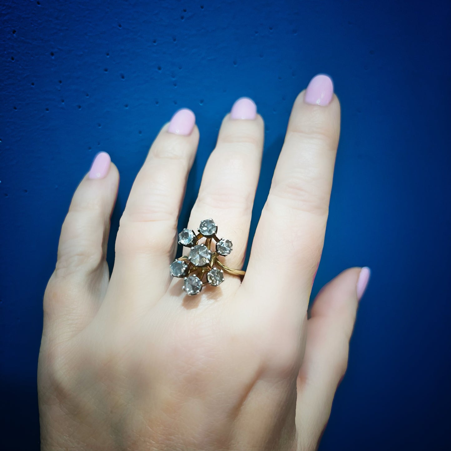 Antique 18K Yellow Gold and Silver Ring with Rose-Cut Diamonds