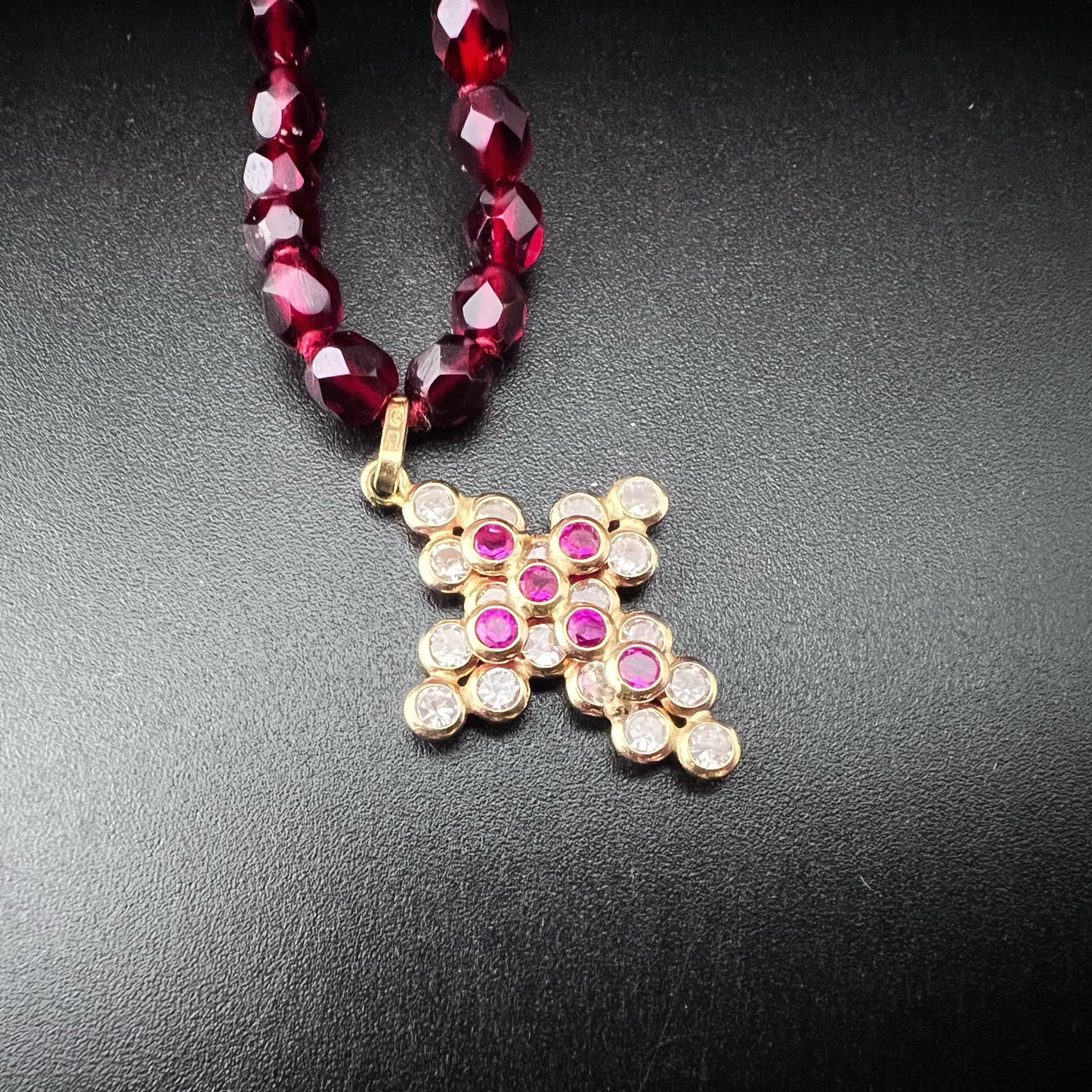 Vintage 18K Yellow Gold Cross Necklace with Rubies and White and Red Crystals