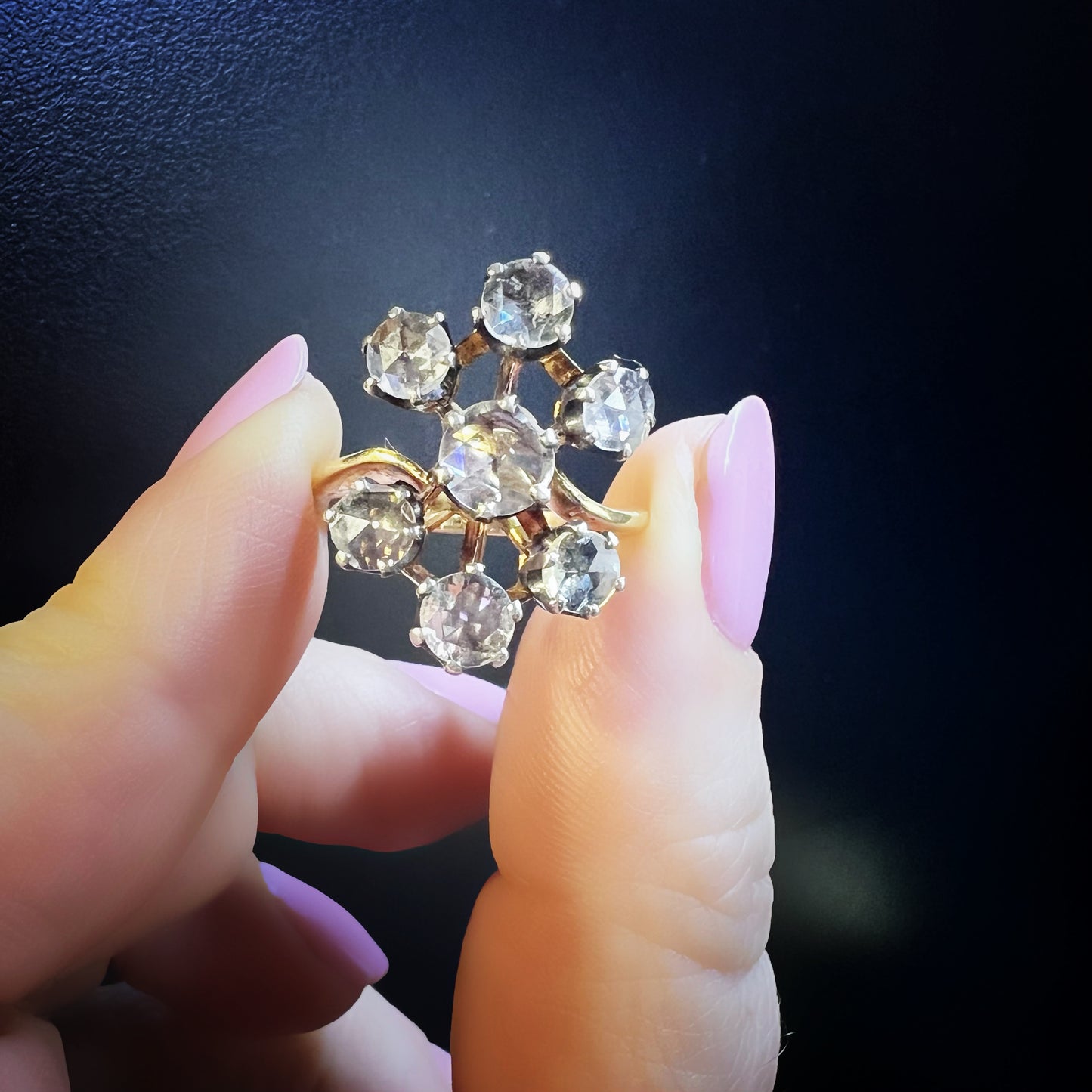 Antique 18K Yellow Gold and Silver Ring with Rose-Cut Diamonds