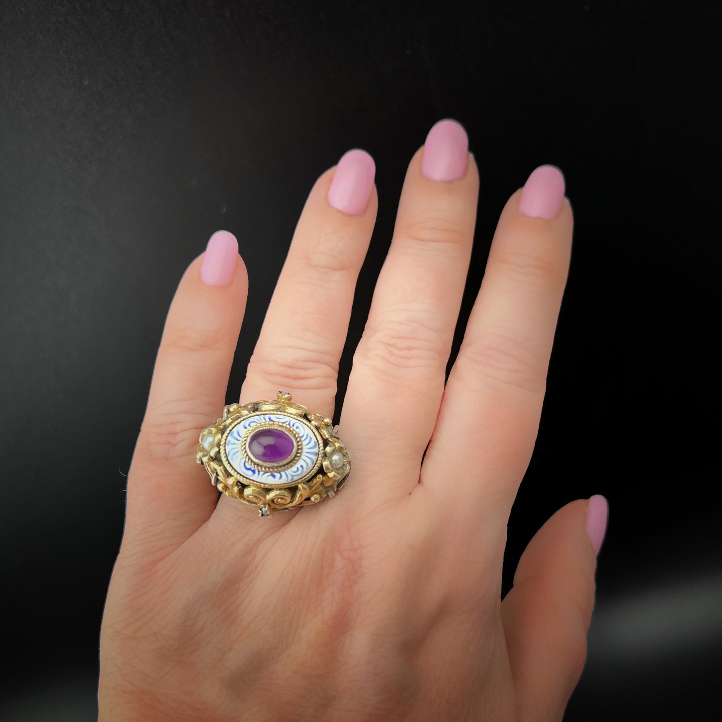 Antique Ring with Austro-Hungarian Brooch and Cabochon Amethyst in Gold-Plated Silver and Gold