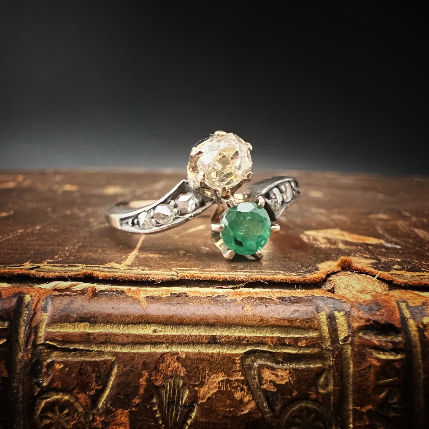 Toi et moi ring with 0.33 ct old mine diamond and emerald in 14 ct gold