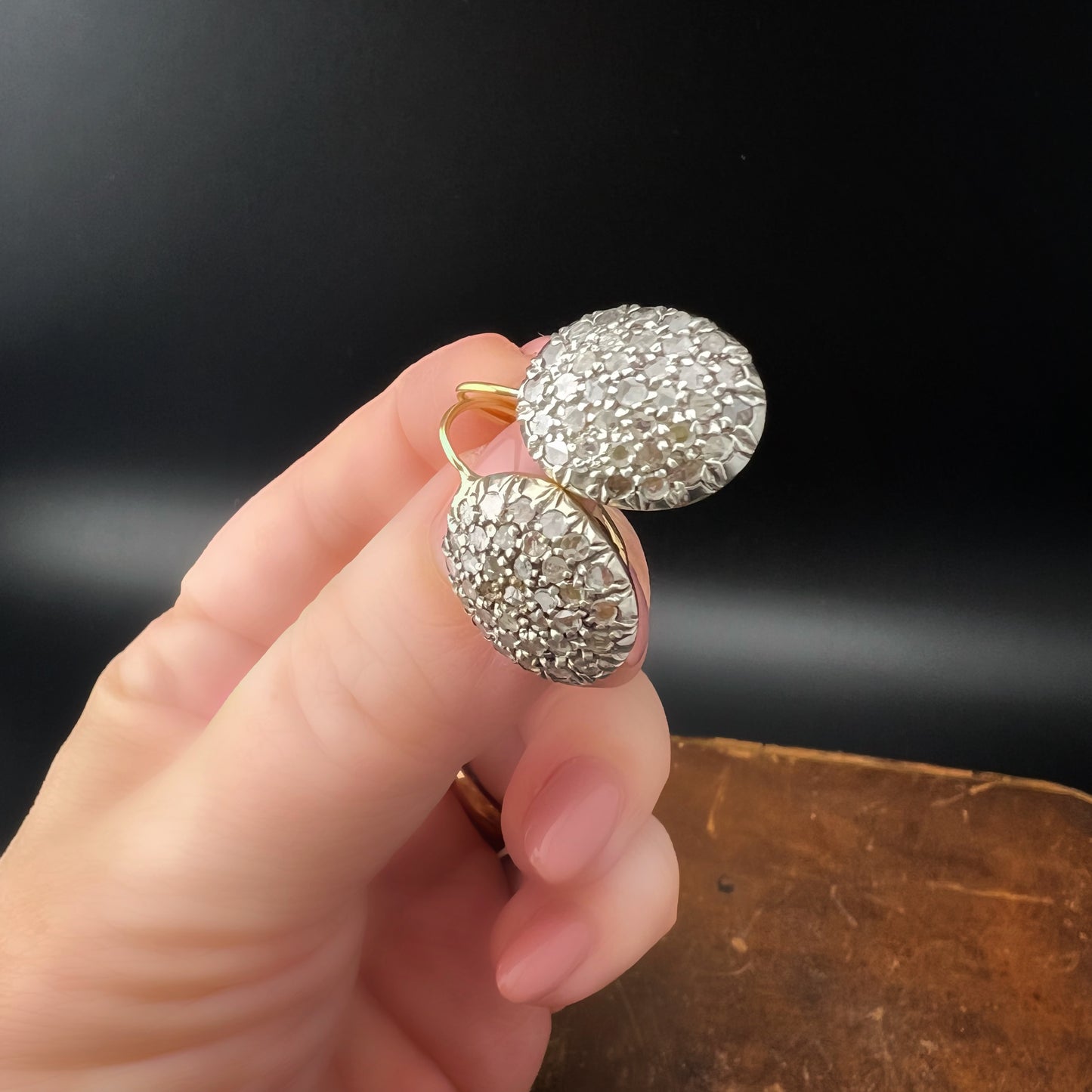 Pair of oval patch earrings, 18 ct gold, silver and diamond rosettes