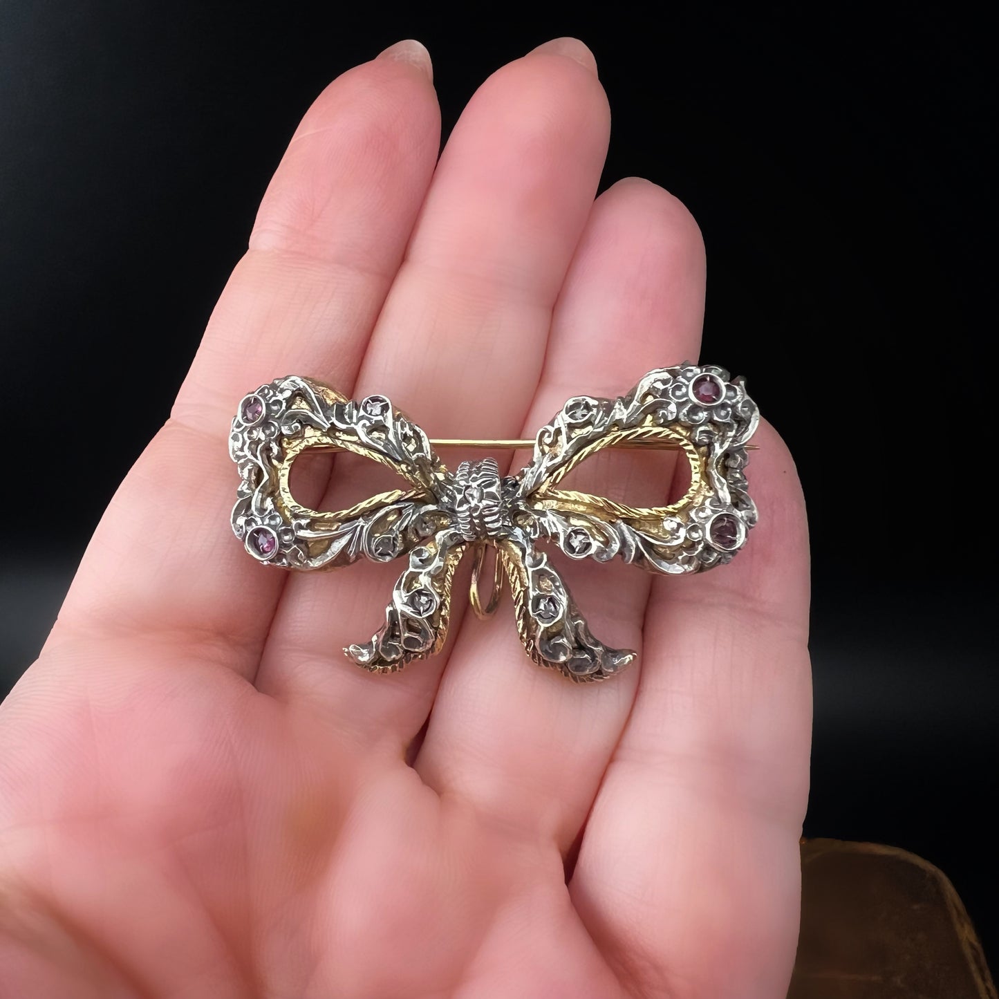 Bow Brooch with Watch Hook or Pendant - 18K Gold, Silver, Rubies, Diamonds
