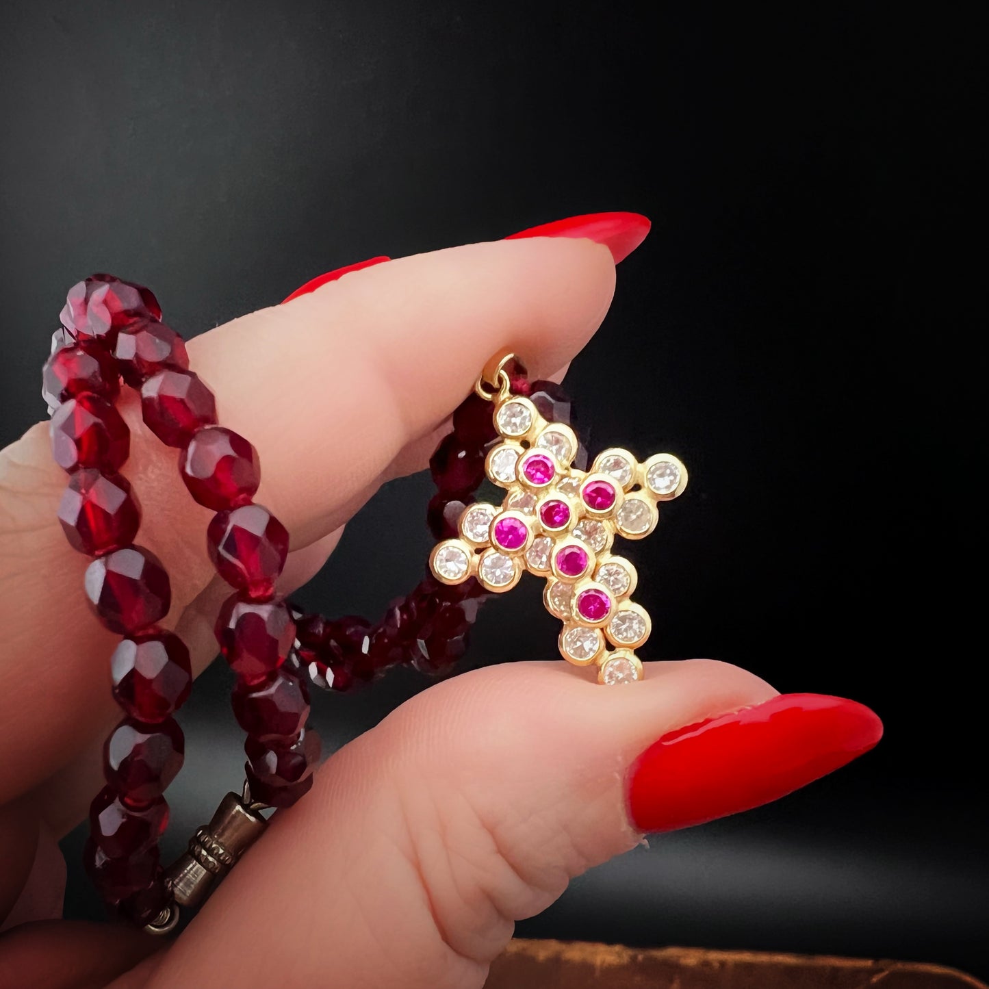 Vintage 18K Yellow Gold Cross Necklace with Rubies and White and Red Crystals