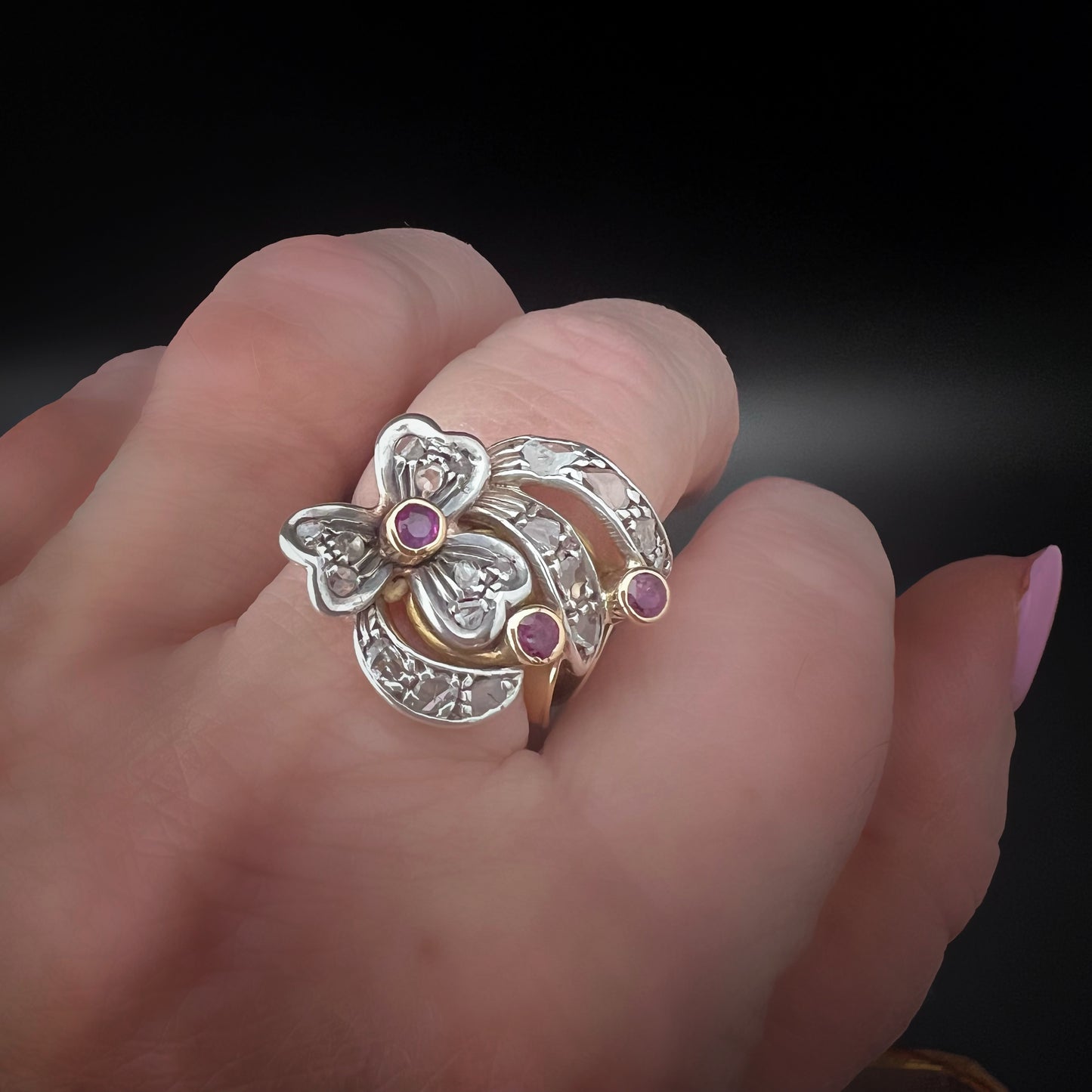 18K gold, silver, diamond, and ruby ring