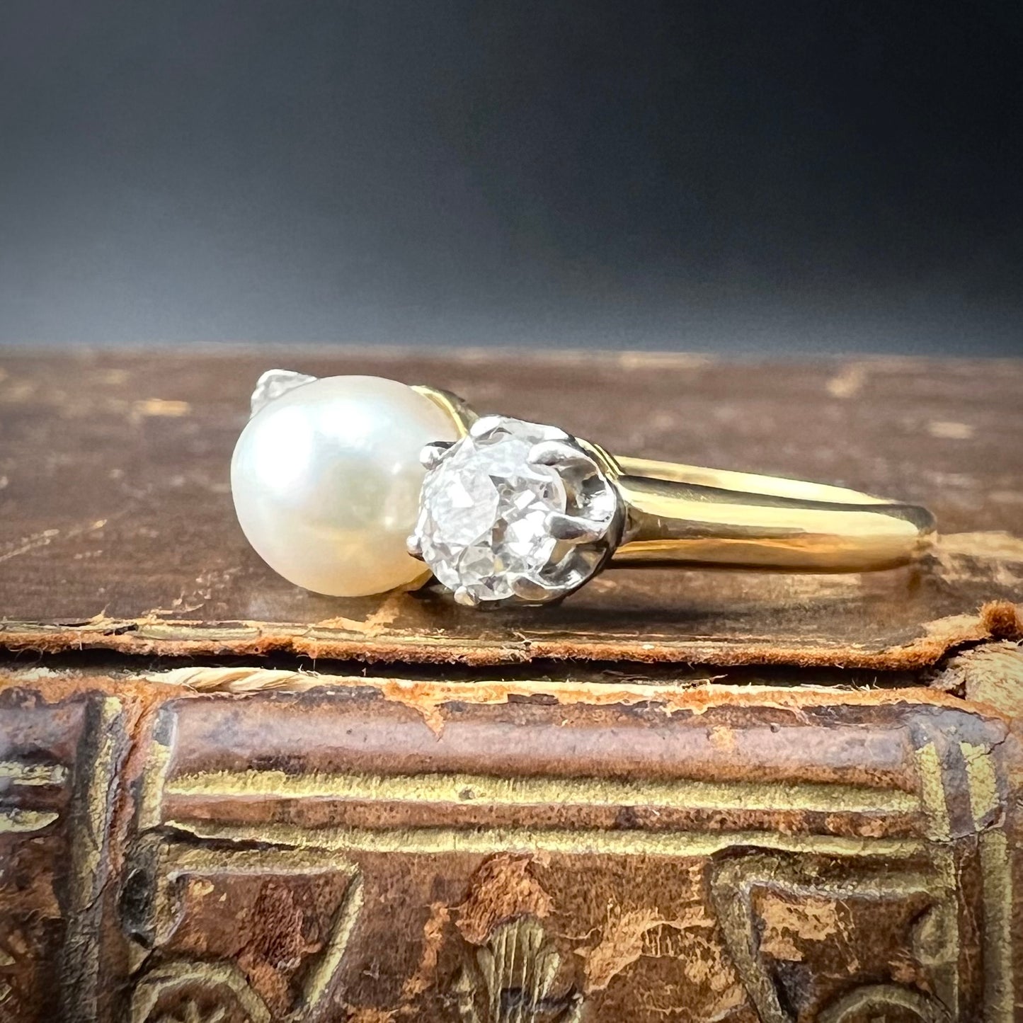 22ct gold ring with natural pearl and 1ct old mine diamonds