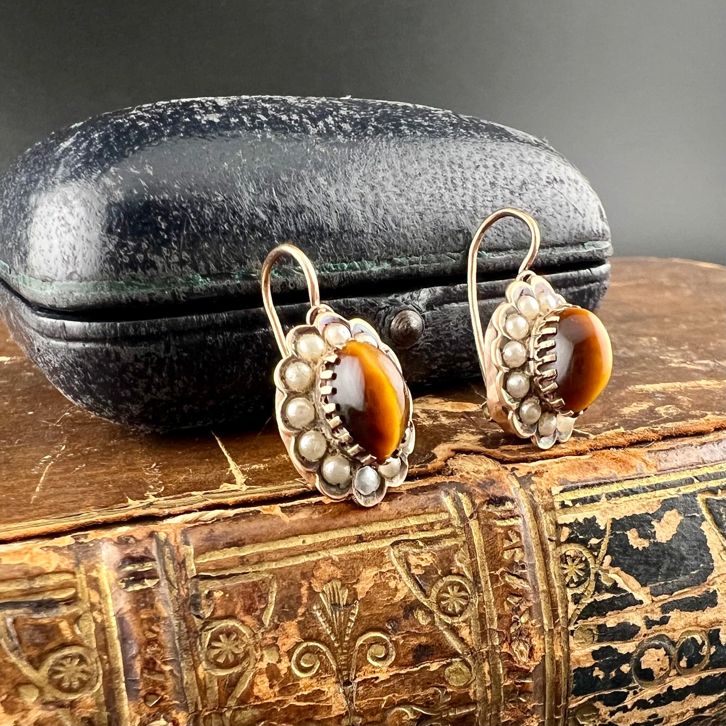 Antique gold earrings with tiger's eye and pearls