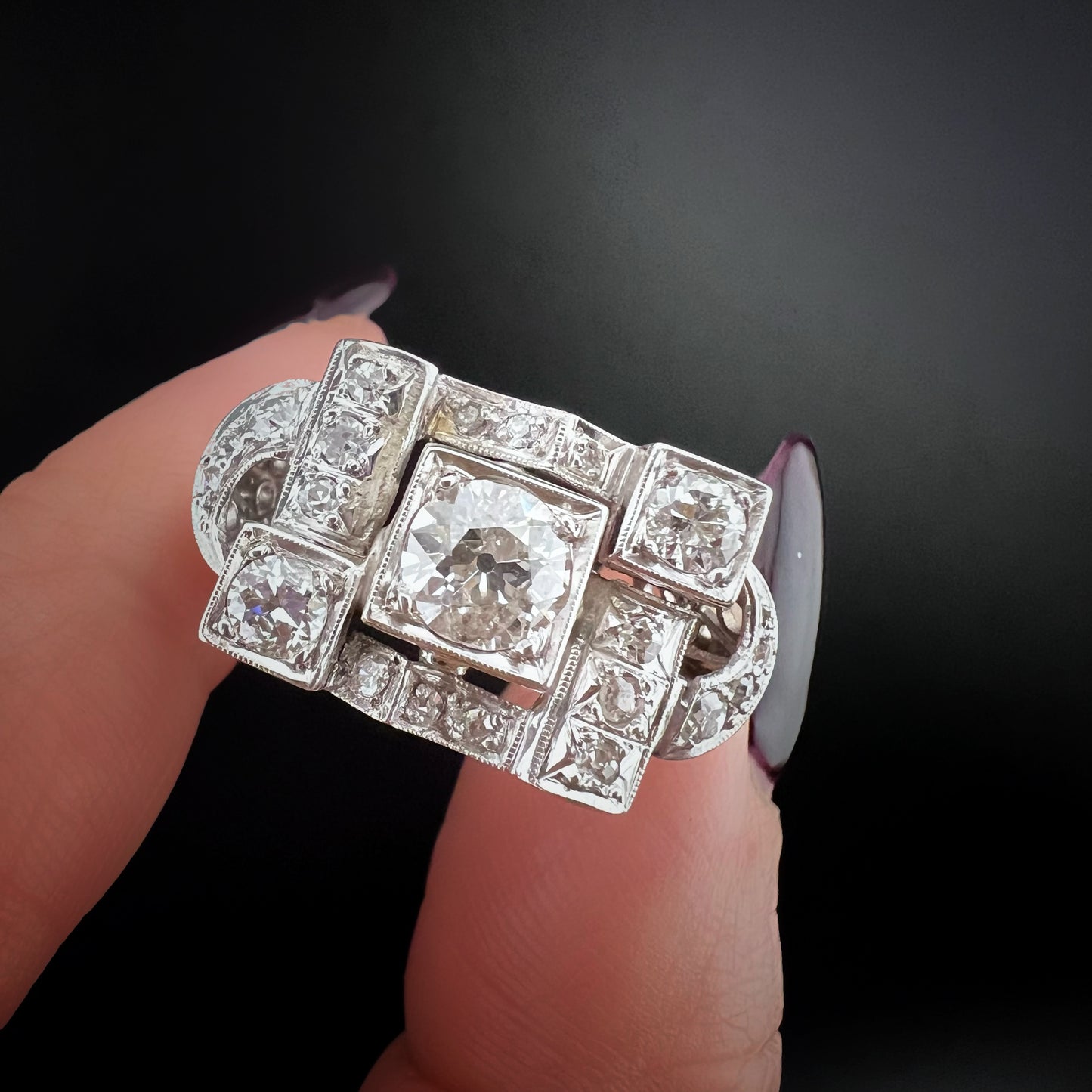 Art Deco Platinum Ring with Natural Diamonds