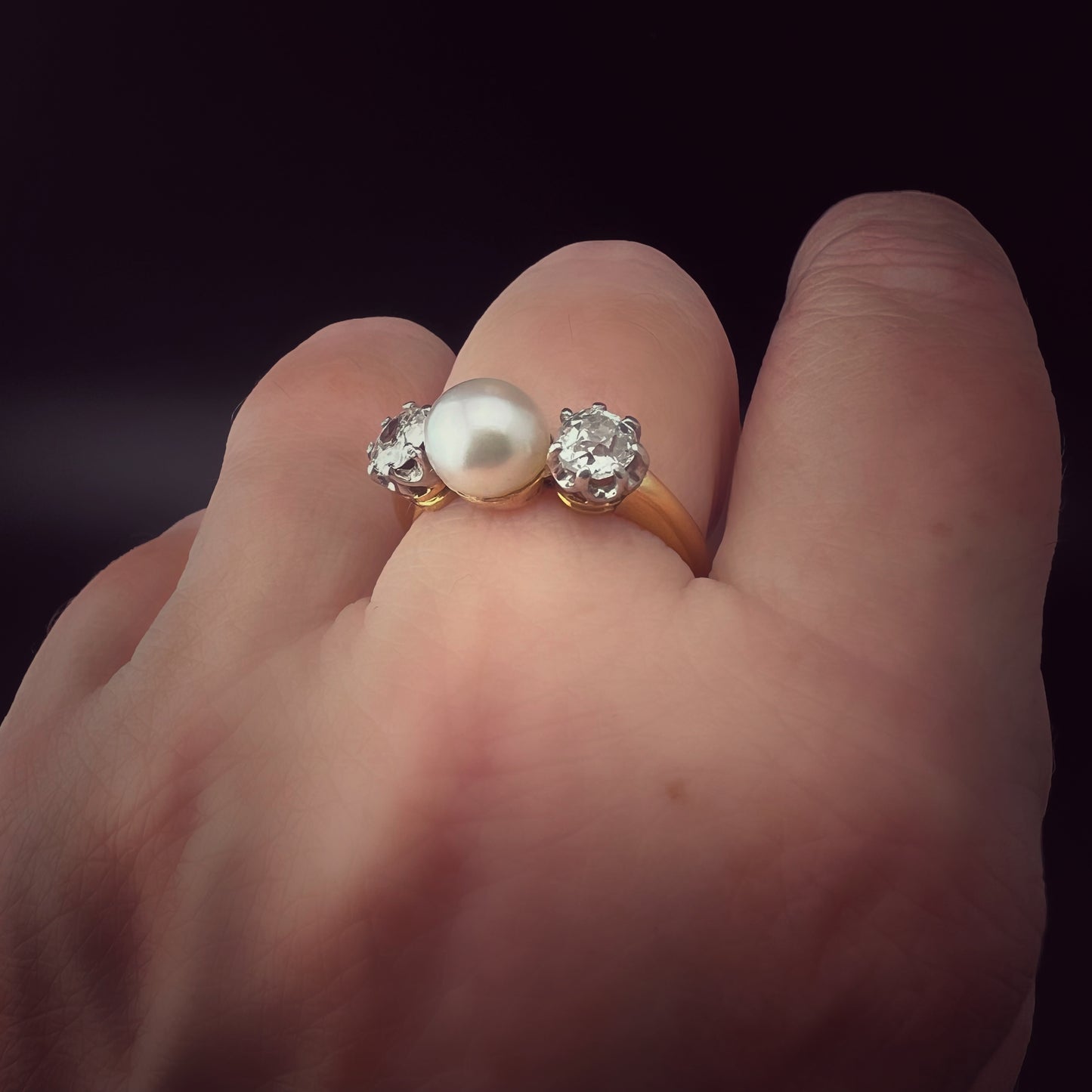 22ct gold ring with natural pearl and 1ct old mine diamonds