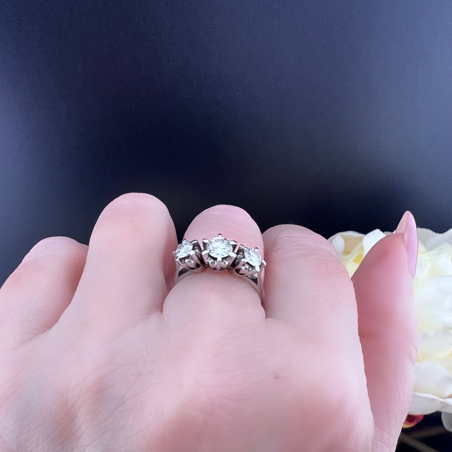 18K white gold and diamond trilogy ring. Italy, c. 1920.