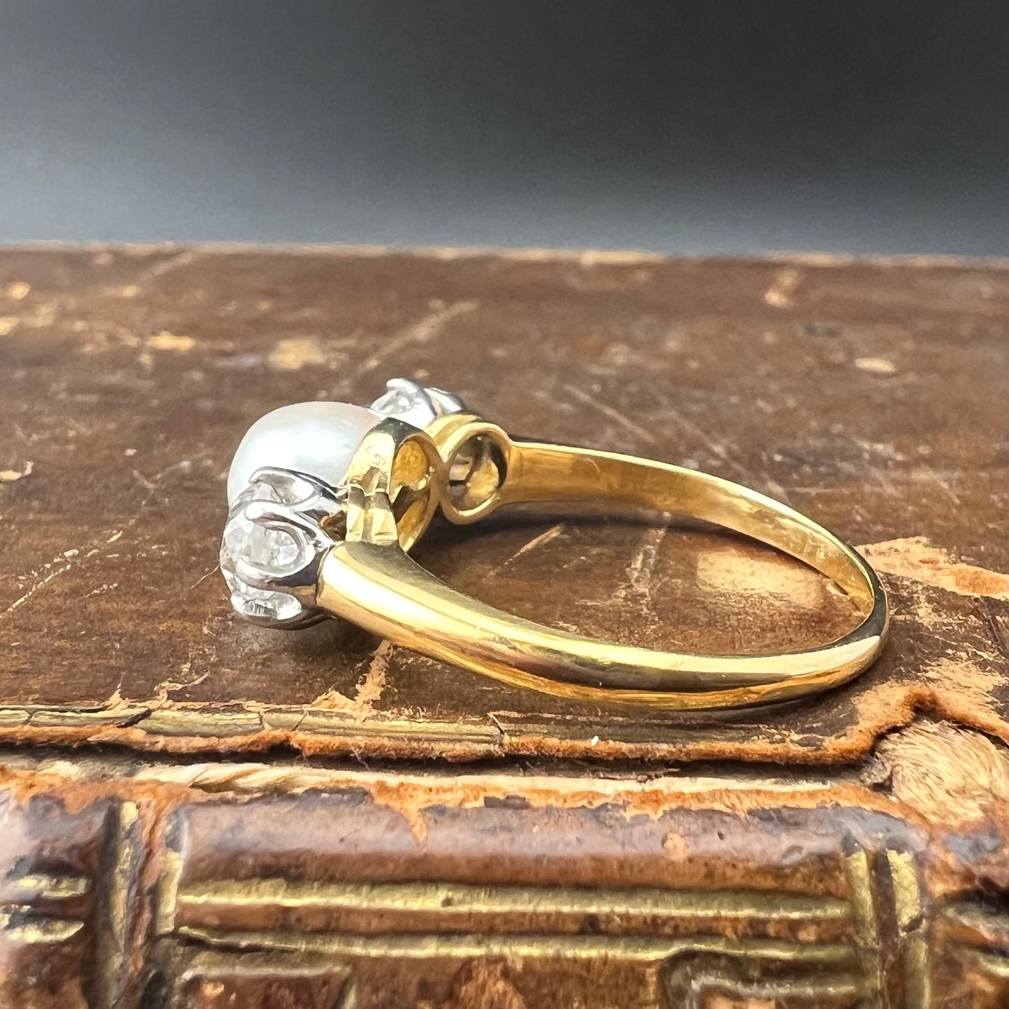 22ct gold ring with natural pearl and 1ct old mine diamonds