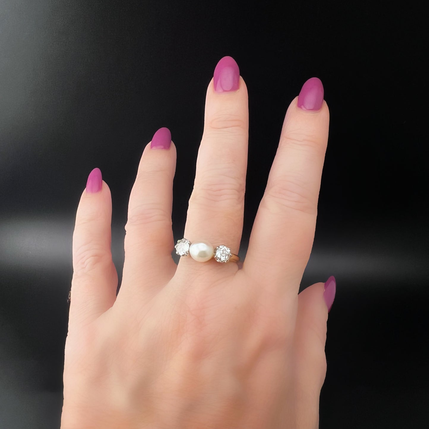 22ct gold ring with natural pearl and 1ct old mine diamonds