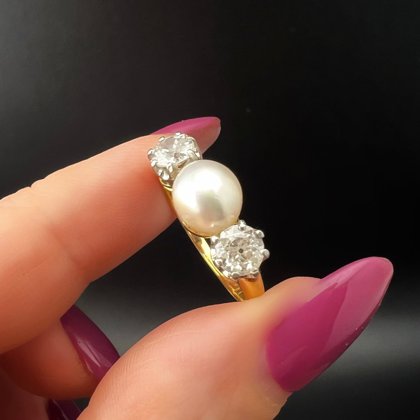 22ct gold ring with natural pearl and 1ct old mine diamonds