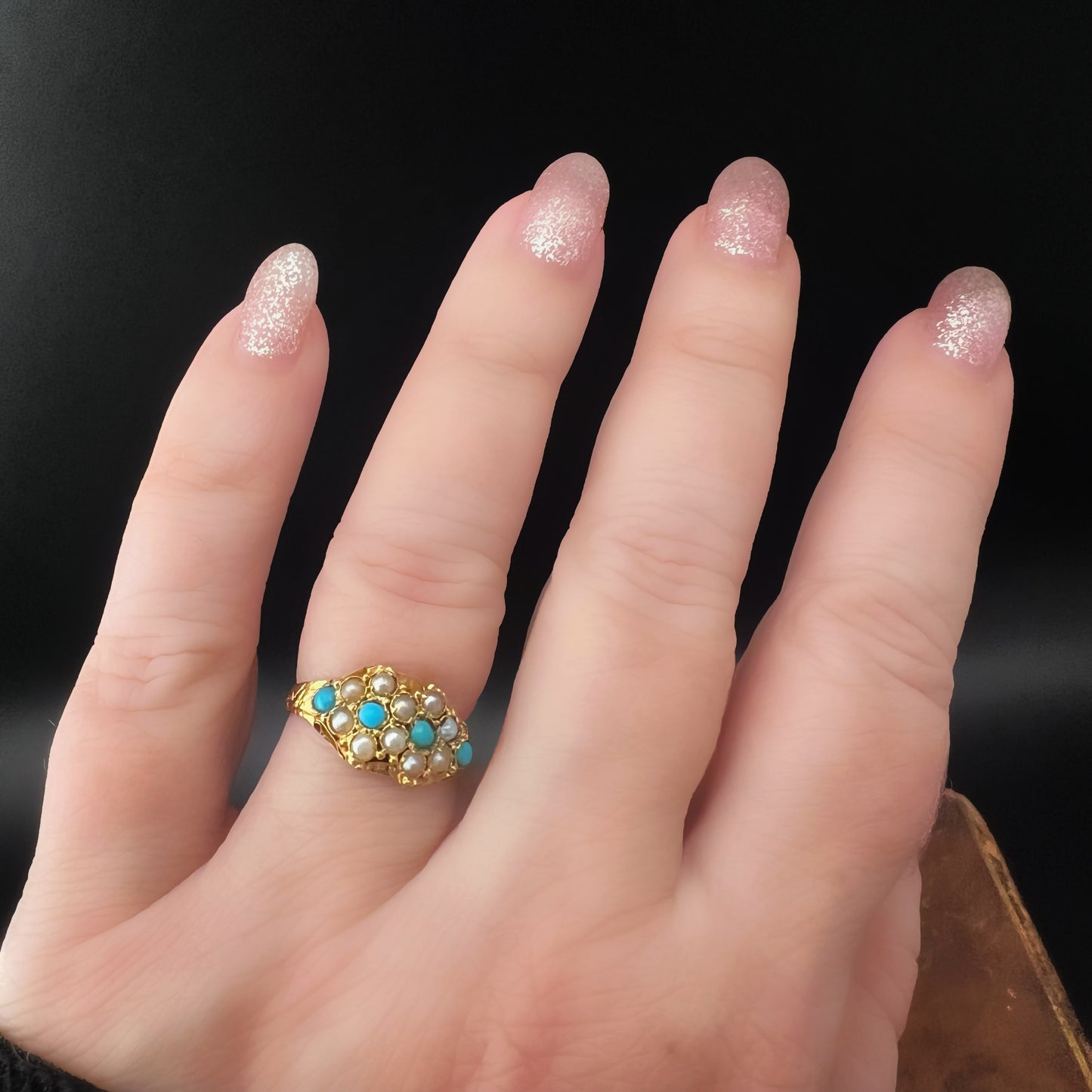 Antique Victorian 1878 15K gold beaded and turquoise ring