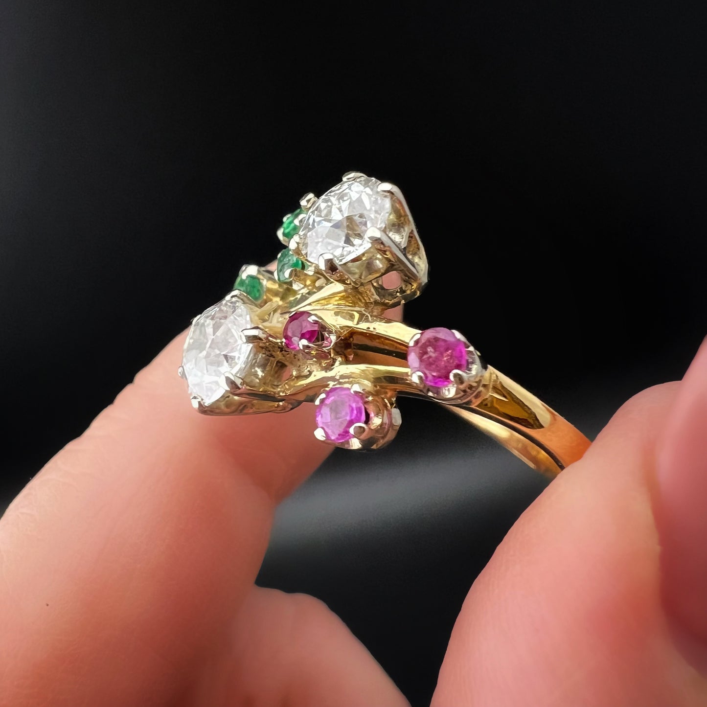 18K white, red, and green diamond, ruby, and emerald ring