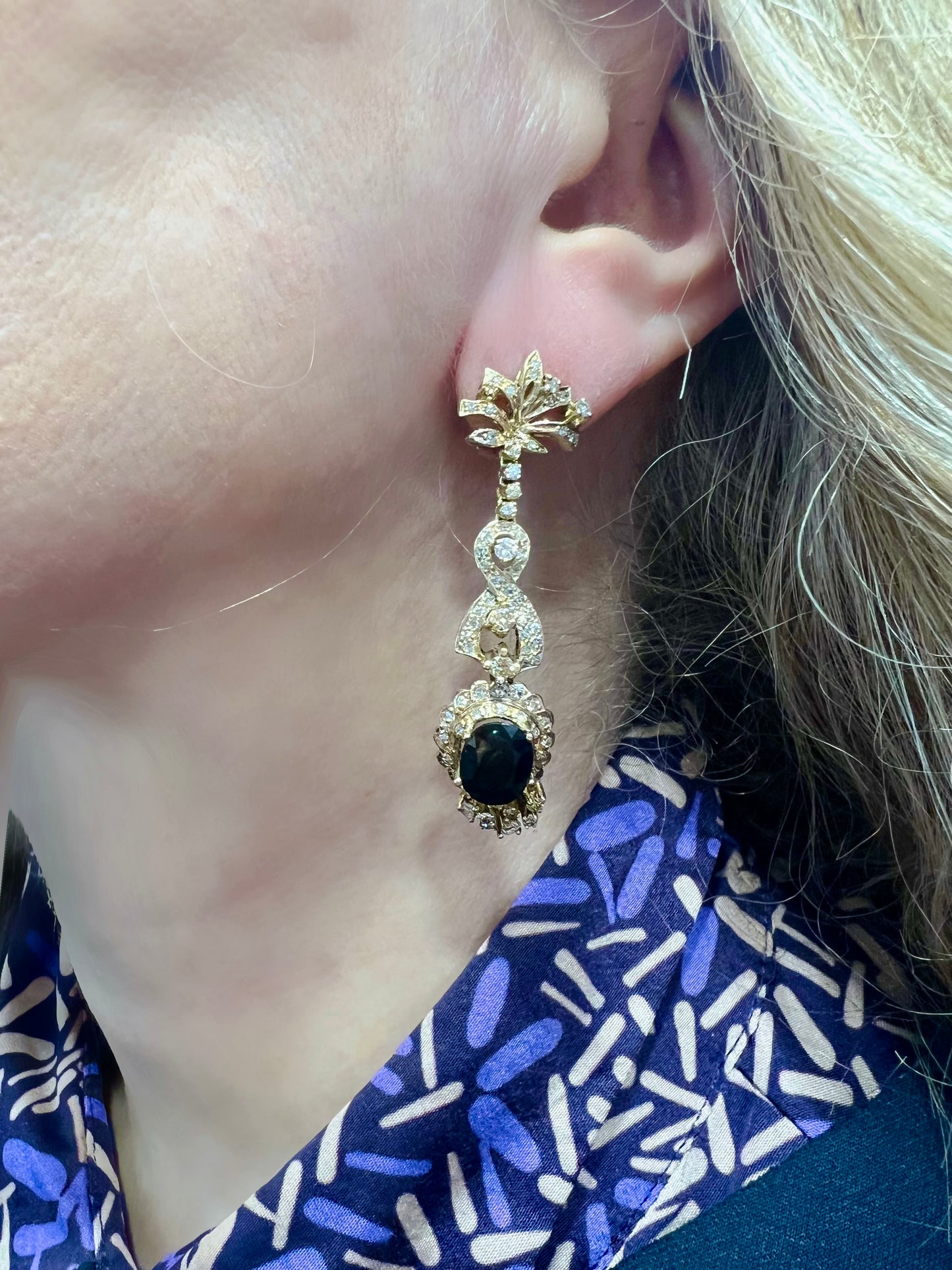 Grandi Orecchini Pendenti Vintage con Zaffiri Naturali e Diamanti – Oro Giallo 14kt