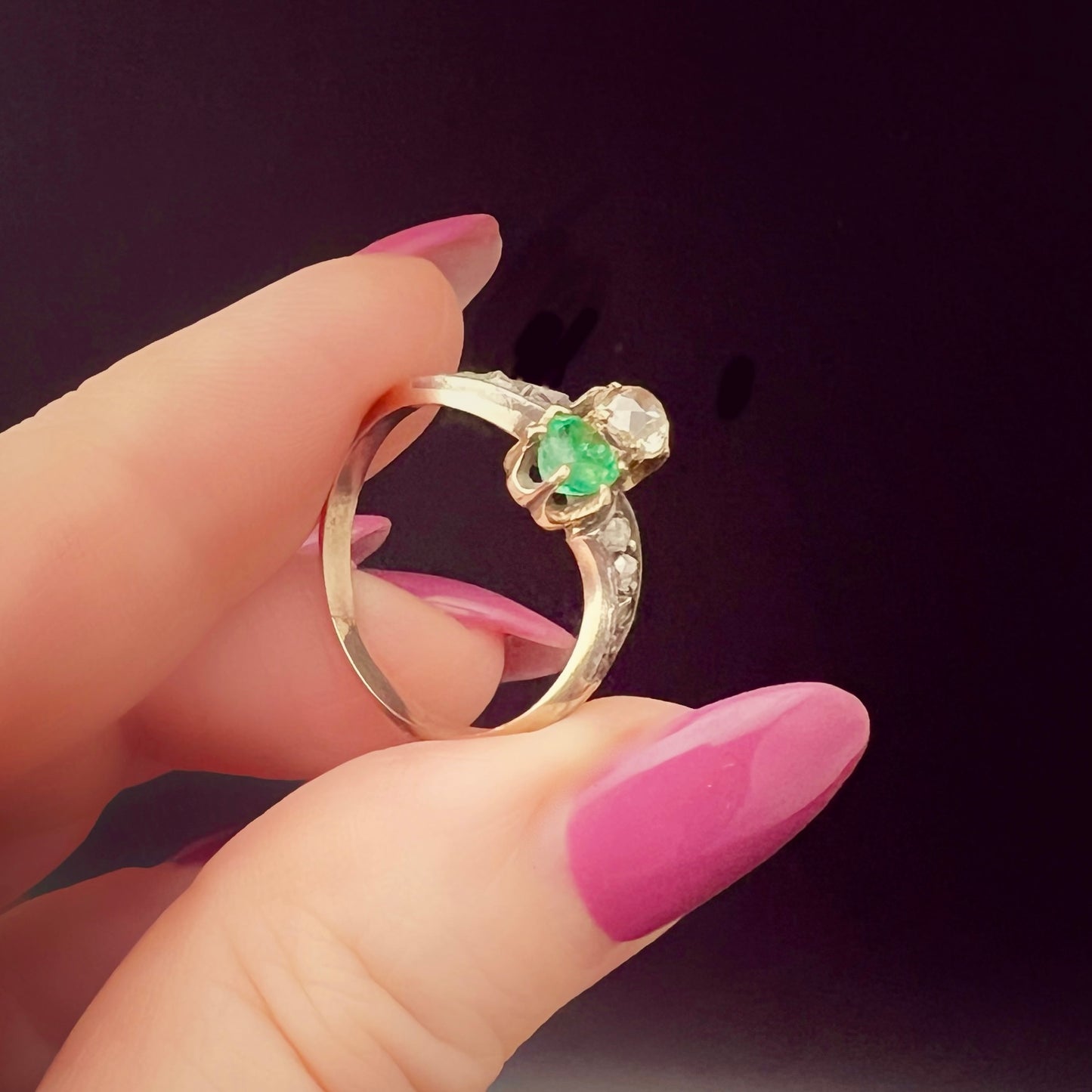 Toi et moi ring with 0.33 ct old mine diamond and emerald in 14 ct gold