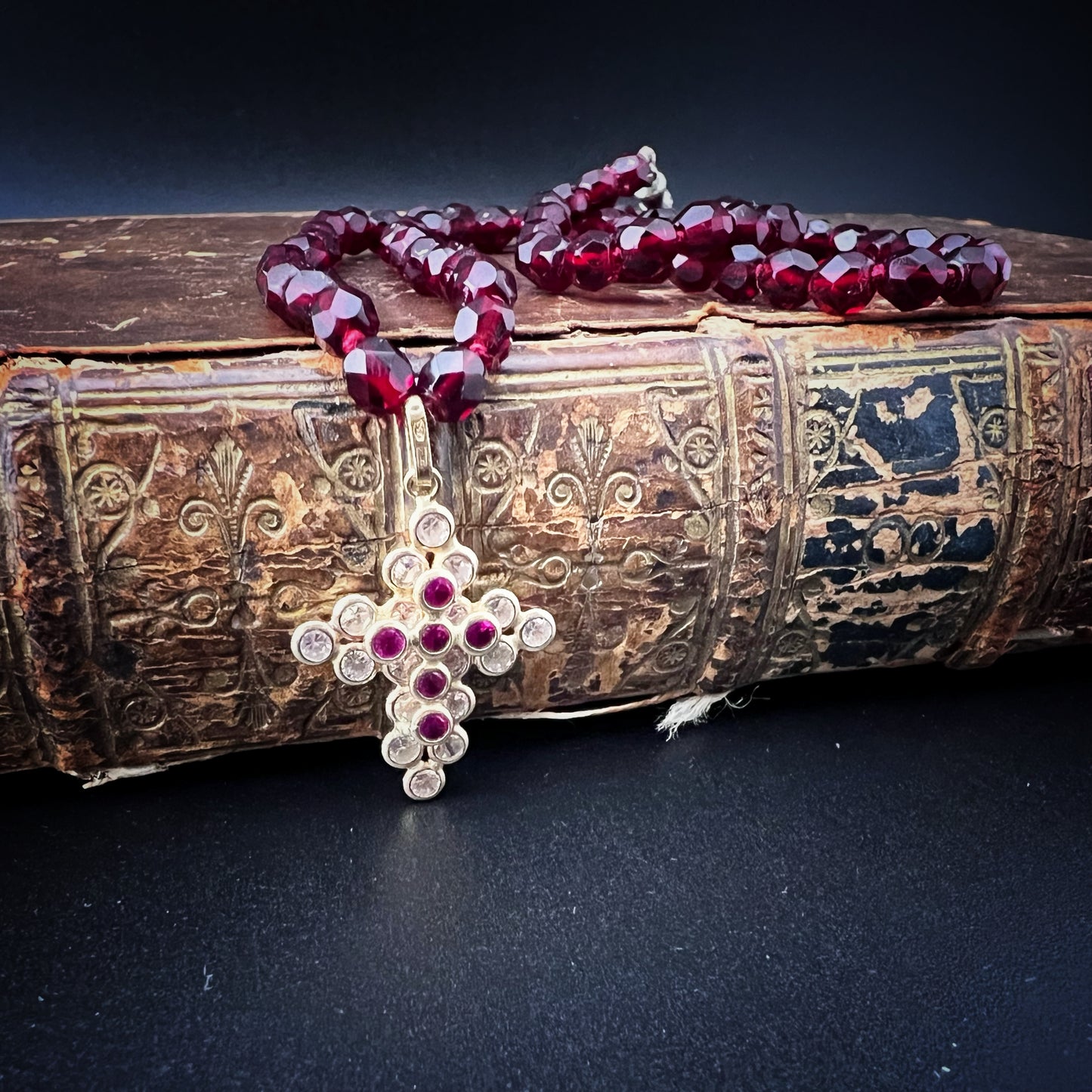 Vintage 18K Yellow Gold Cross Necklace with Rubies and White and Red Crystals