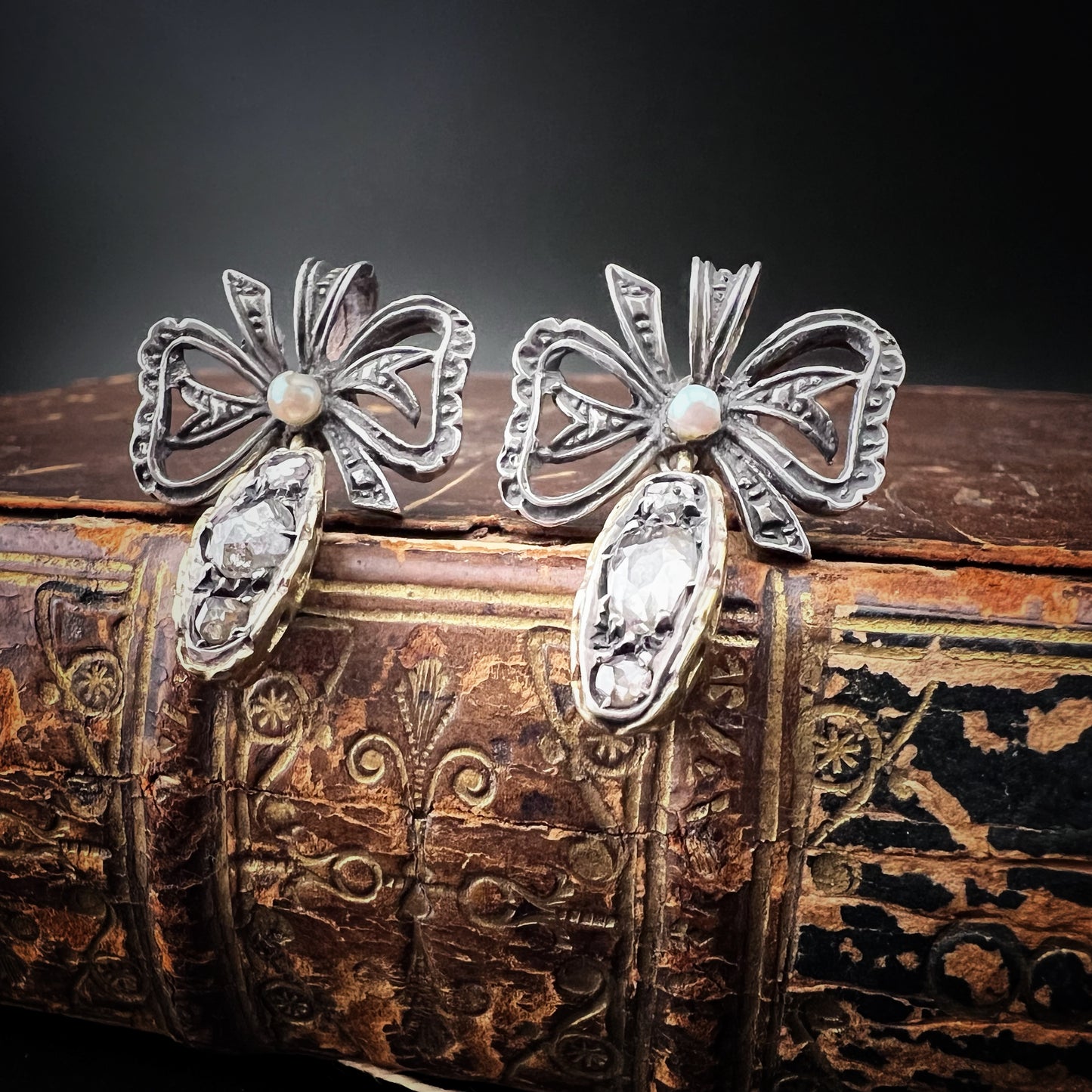 Early 1900s Rose Gold, Silver, Pearl, and Diamond Earrings