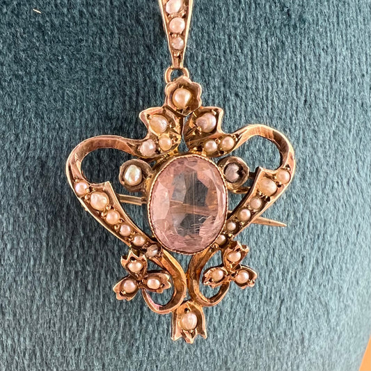 Pendente spilla lavalier in oro 9 ct, ametista e perline
