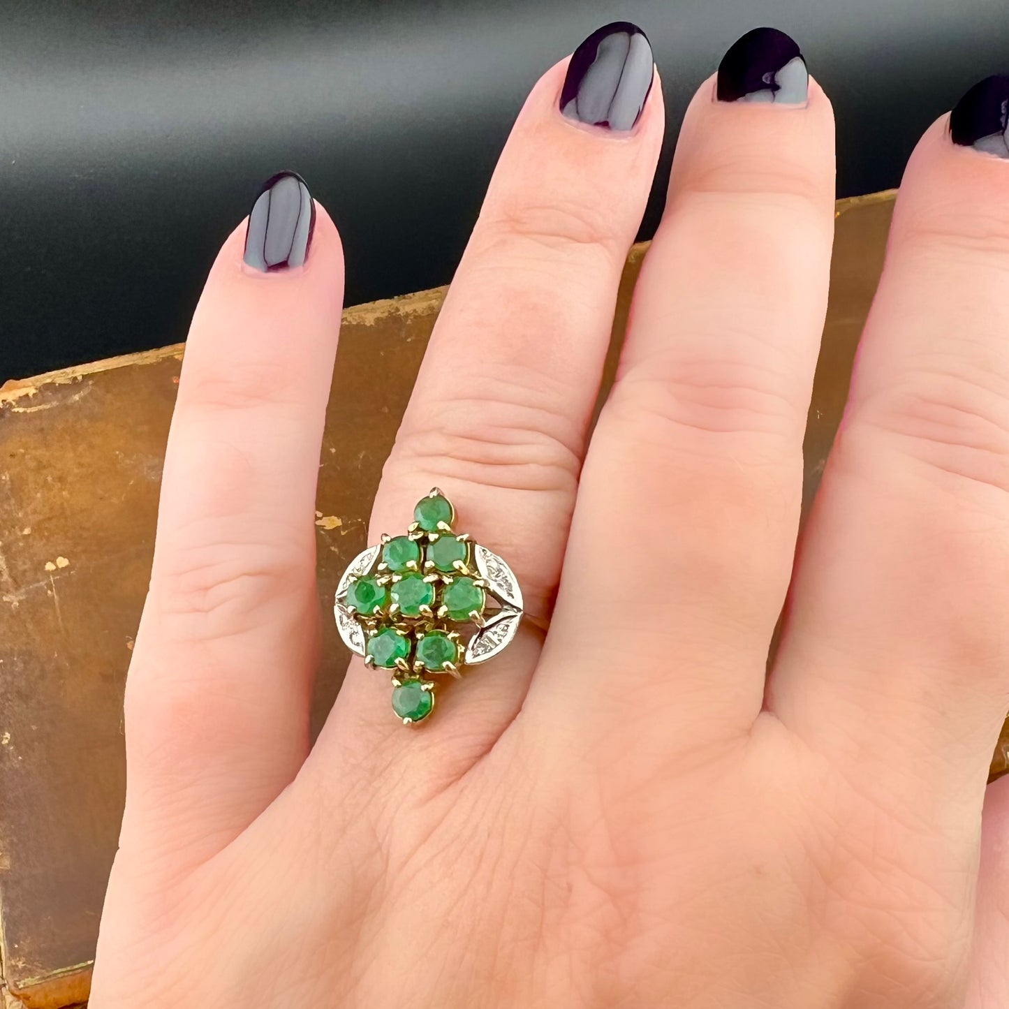 14K gold emerald and diamond ring